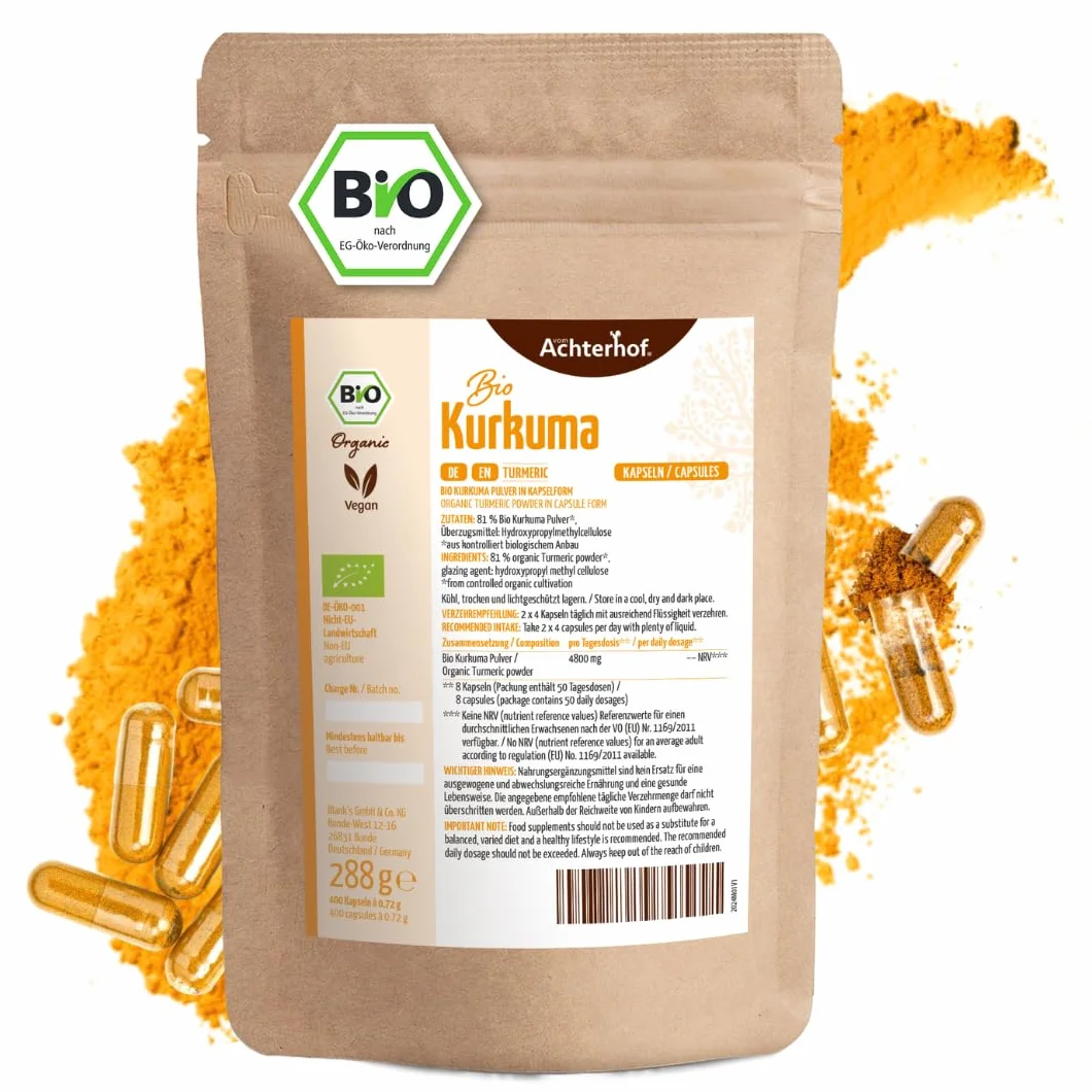 Kurkuma Kapseln Bio Nachfüllpack | 400 Stück | 4800mg Kurkuma pro Tagesdosis | frisch gemahlene Kurkumawurzel in Bio-Qualität | vegane Kapselhülle | vom Achterhof