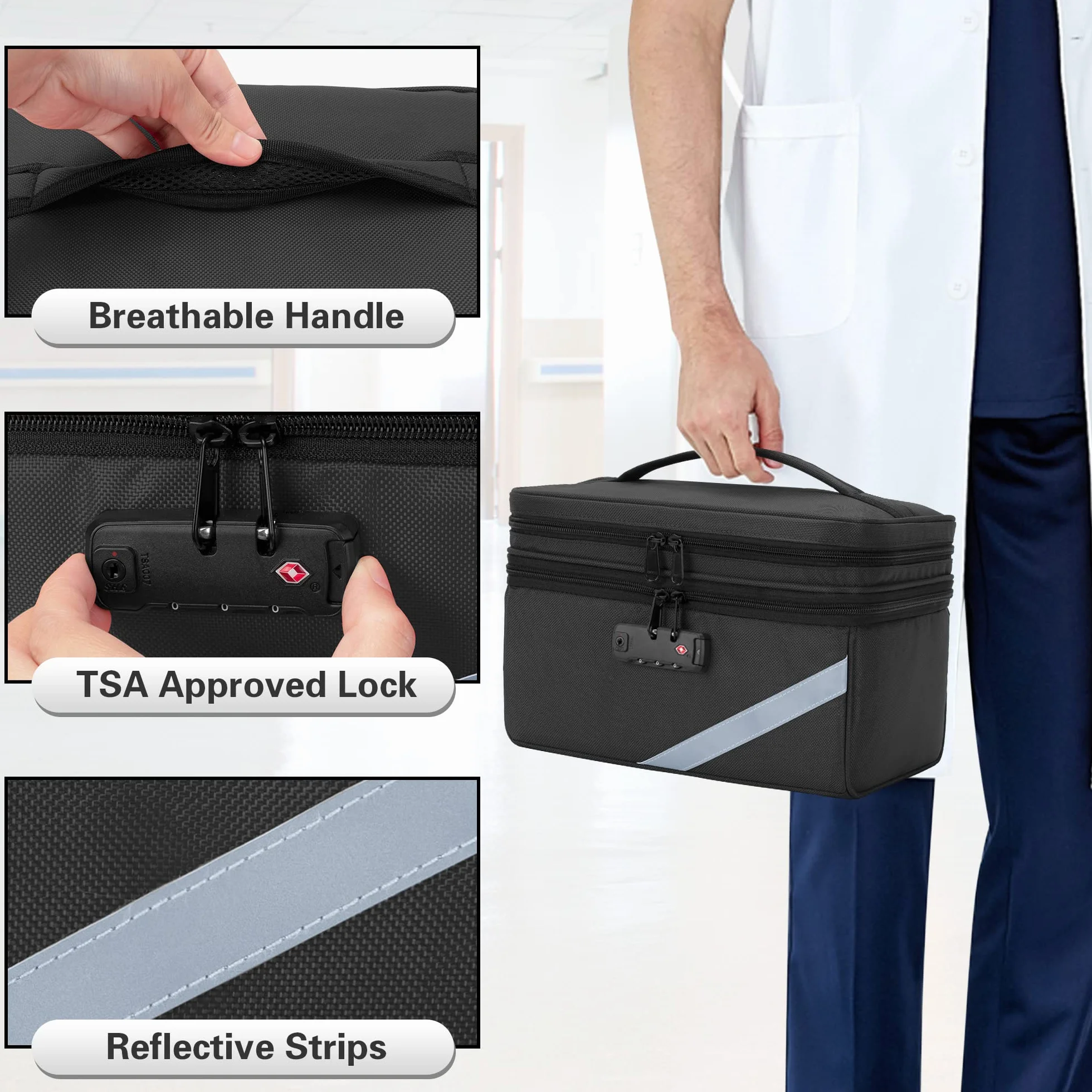 Trunab Kleine Medizinische Tasche mit Zahlenschloss, Abschließbare Medikamenten-Reisetasche mit Minitasche für Zuhause, Reisen, Notfall, Schwarz (Leere Tasche), Patentiertes Design