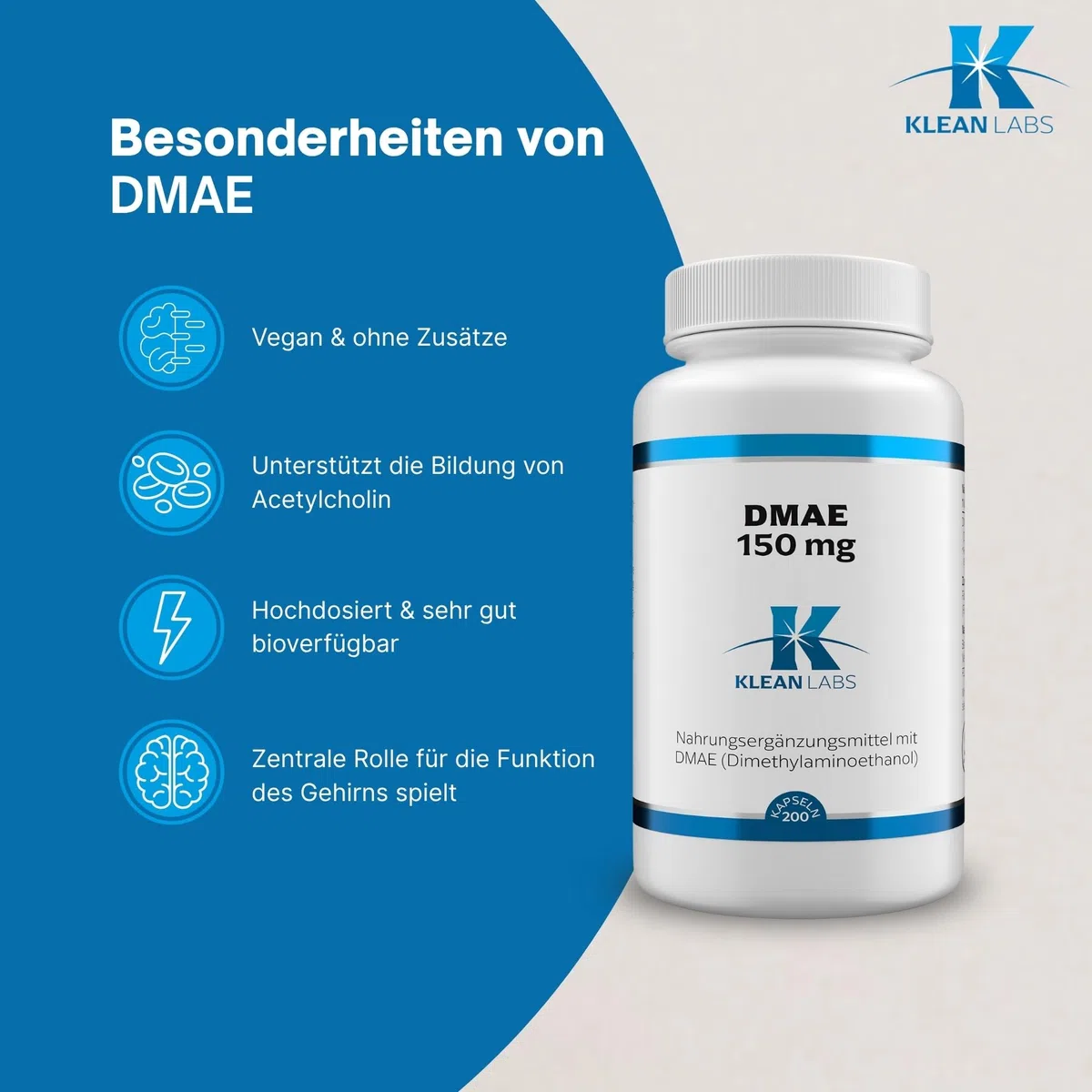 DMAE (Dimethylaminoethanol) 150mg pro Kapsel - 200 Kapseln - vegan, ohne Gentechnik, ohne unerwünschte Zusätze & hochdosiert