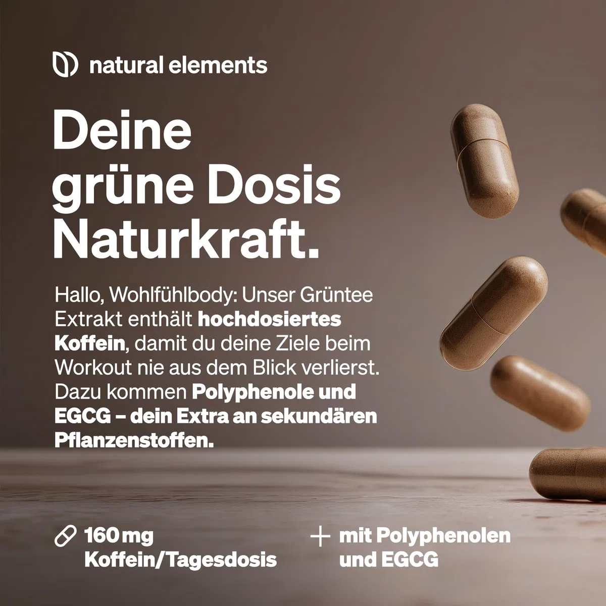 natural elements Grüntee Extrakt – 180 Kapseln – 1998 mg Grüntee Extrakt pro Tagesdosis – mit EGCG und Polyphenolen – vegan, hochdosiert, ohne unnötige Zusätze – laborgeprüfte Qualität