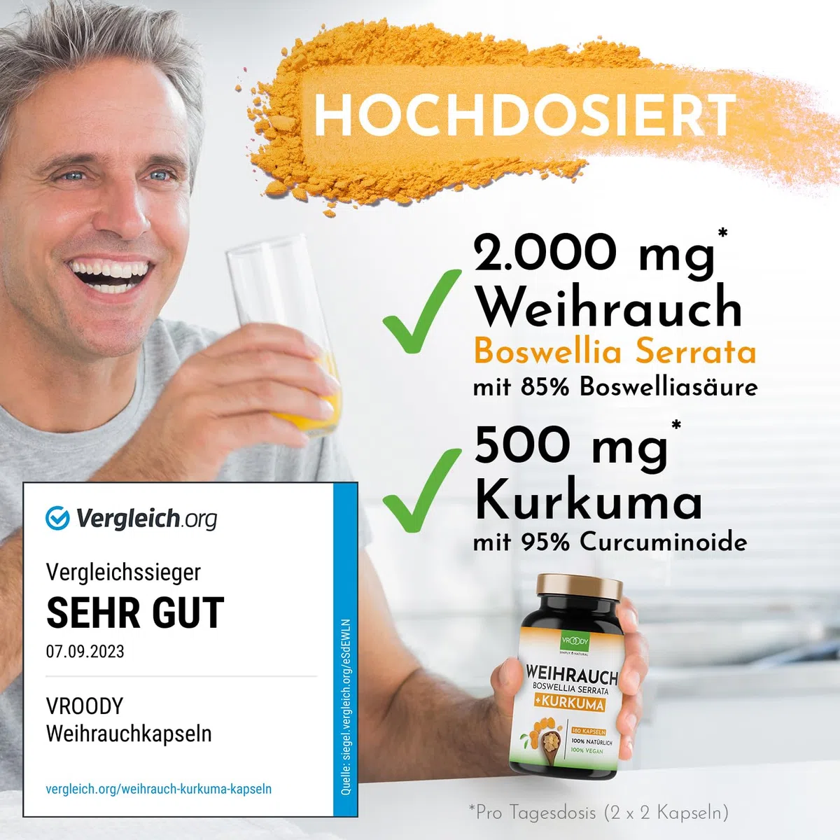 Weihrauch Kurkuma Vergleichssieger, 180 Kapseln hochdosiert Boswellia Serrata 2000mg, 85% Boswelliasäure, 500mg CURCUMA, 95% Curcuminoide Tagesdosis, ohne Zusätze oder chemische Entzündungshemmer