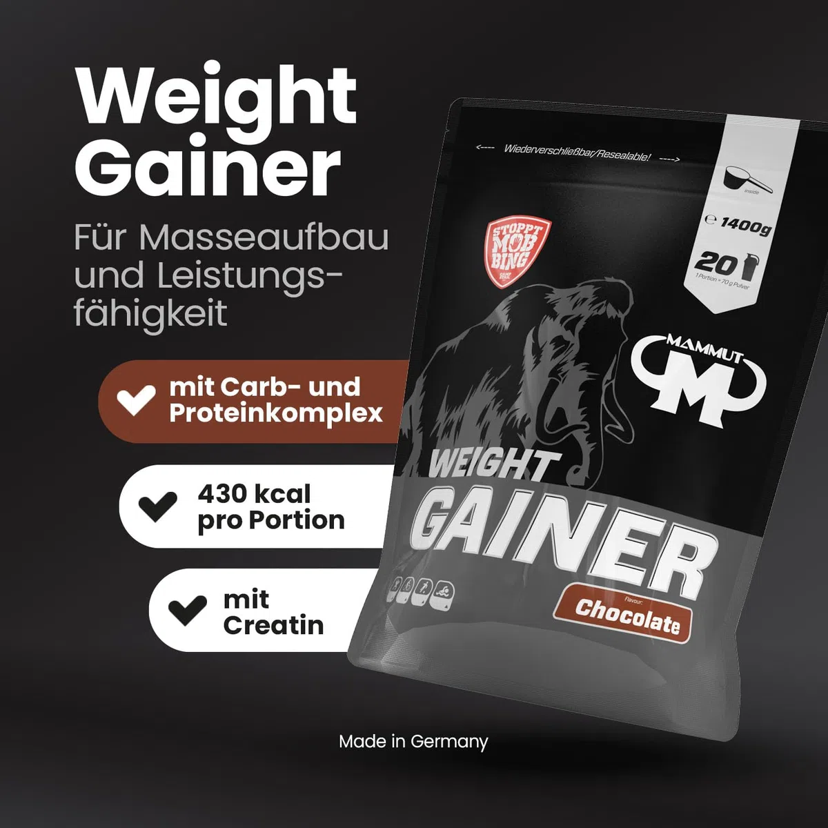 Mammut Nutrition Crash Weight Gainer Pulver Chocolate – 1400 g – 518 kcal/Shake für Gewichtszunahme – 80% Kohlenhydrate – 4-Komponenten Protein – Ideal für Ausdauer- und Leistungssportler