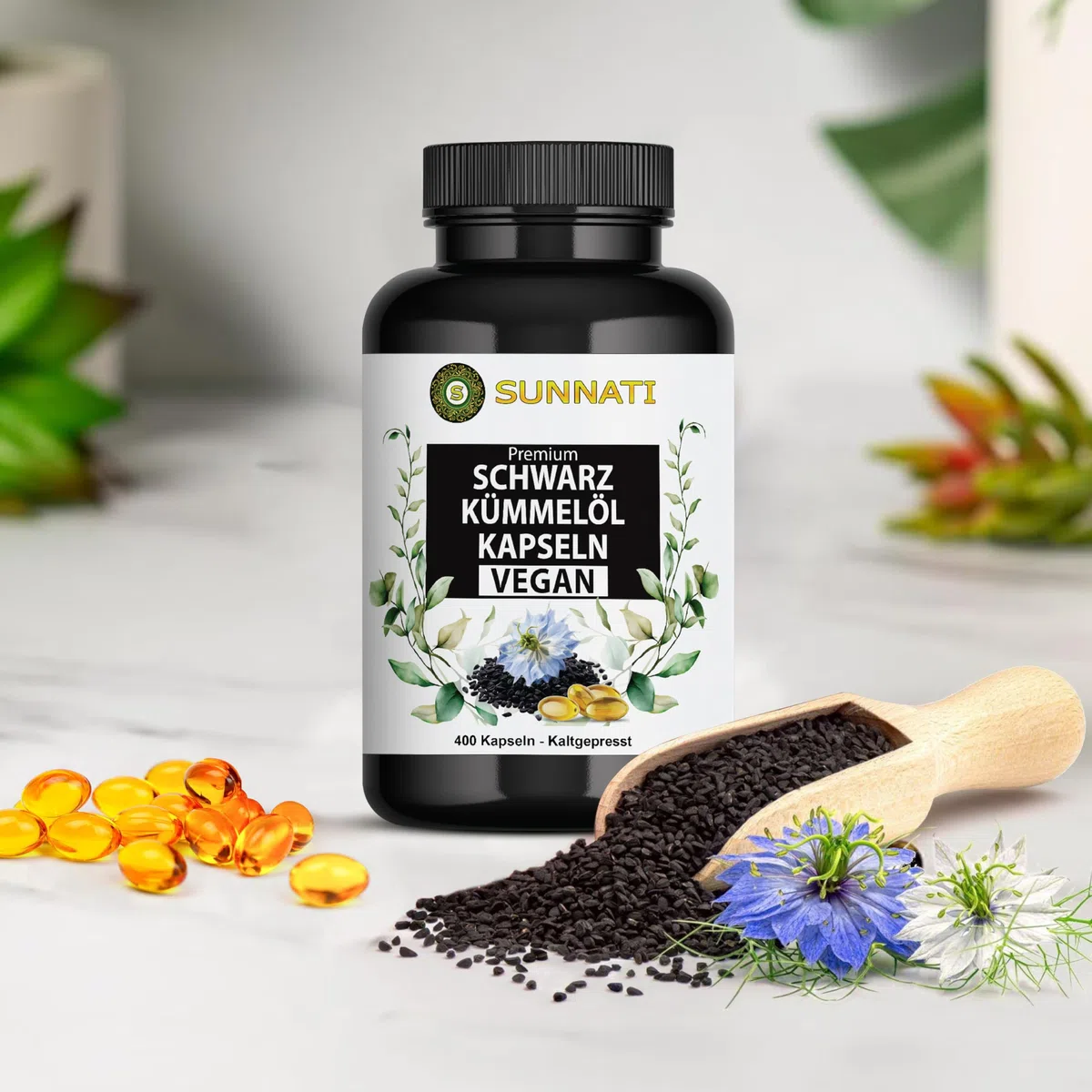 Schwarzkümmelöl - 400 Kapseln VEGAN - 1000 mg Tagesdosis hochdosiert - Kaltgepresst, Ägyptisch, mit Vitamin E, von Sunnati - In Deutschland hergestellt