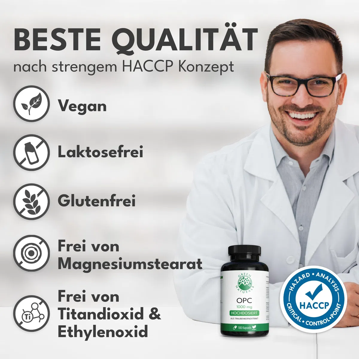 Green Naturals OPC Traubenkernextrakt – Hochdosiert: 1.250 mg Extrakt | 1.000 mg OPC pro Tagesdosis · 180 Kapseln · 3-Monatsvorrat