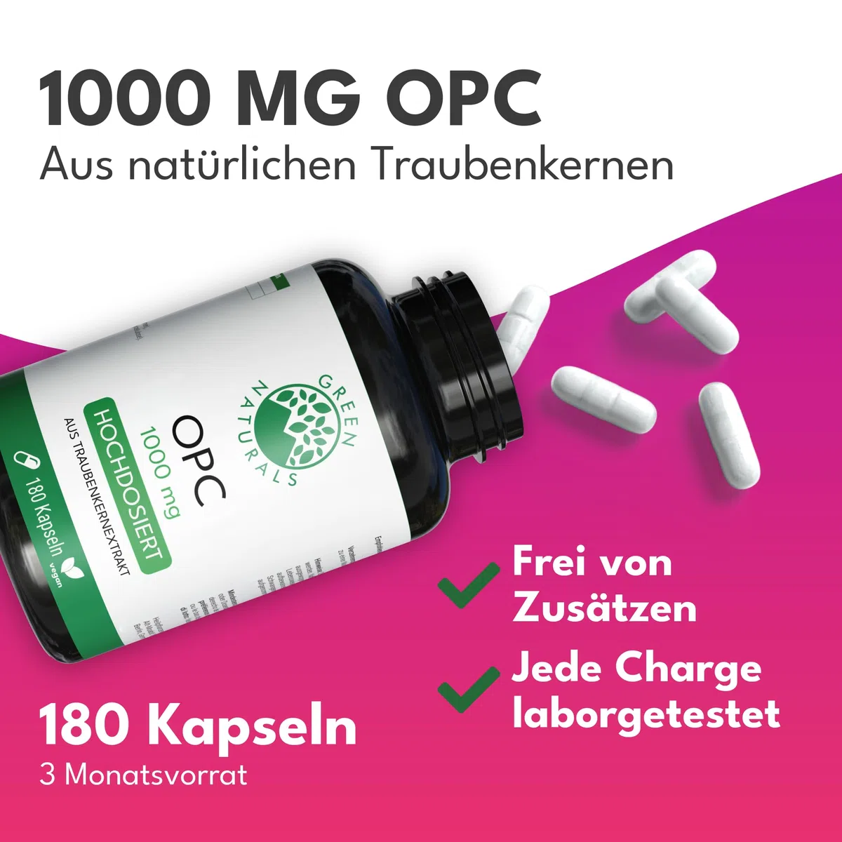 Green Naturals OPC Traubenkernextrakt – Hochdosiert: 1.250 mg Extrakt | 1.000 mg OPC pro Tagesdosis · 180 Kapseln · 3-Monatsvorrat