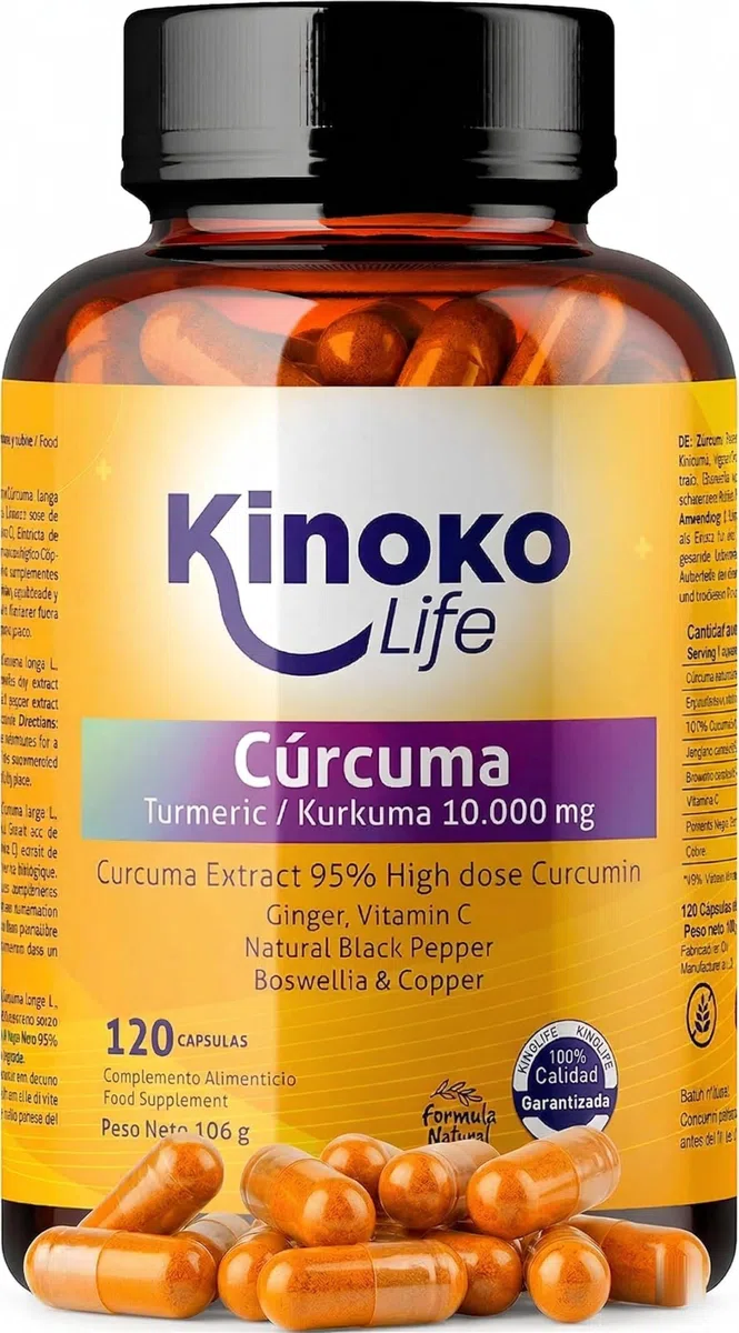 KURKUMA 10000 mg REINES CURCUMIN | 120 Kapseln | 95% Extrakt | Ingwer, schwarzer Pfeffer, Boswellia, Vitamin C und Kupfer | Hoch absorbierend | Entzündungshemmend für Ihre Gelenke
