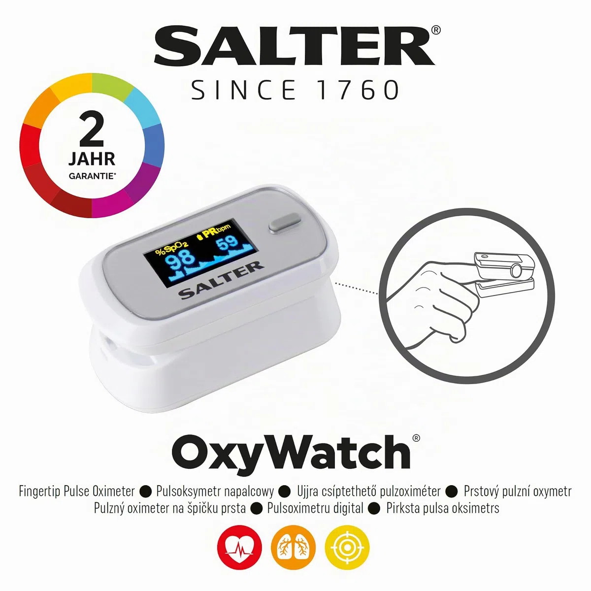 Salter PX-100-EU OxyWatch, fingeroximeter sauerstoff, Pulsoximeter, medizinischer oximeter, blutsauerstoffmessgerät finger, schnelles Messen, tragbar und benutzerfreundlich, 2 Jahre Garantie
