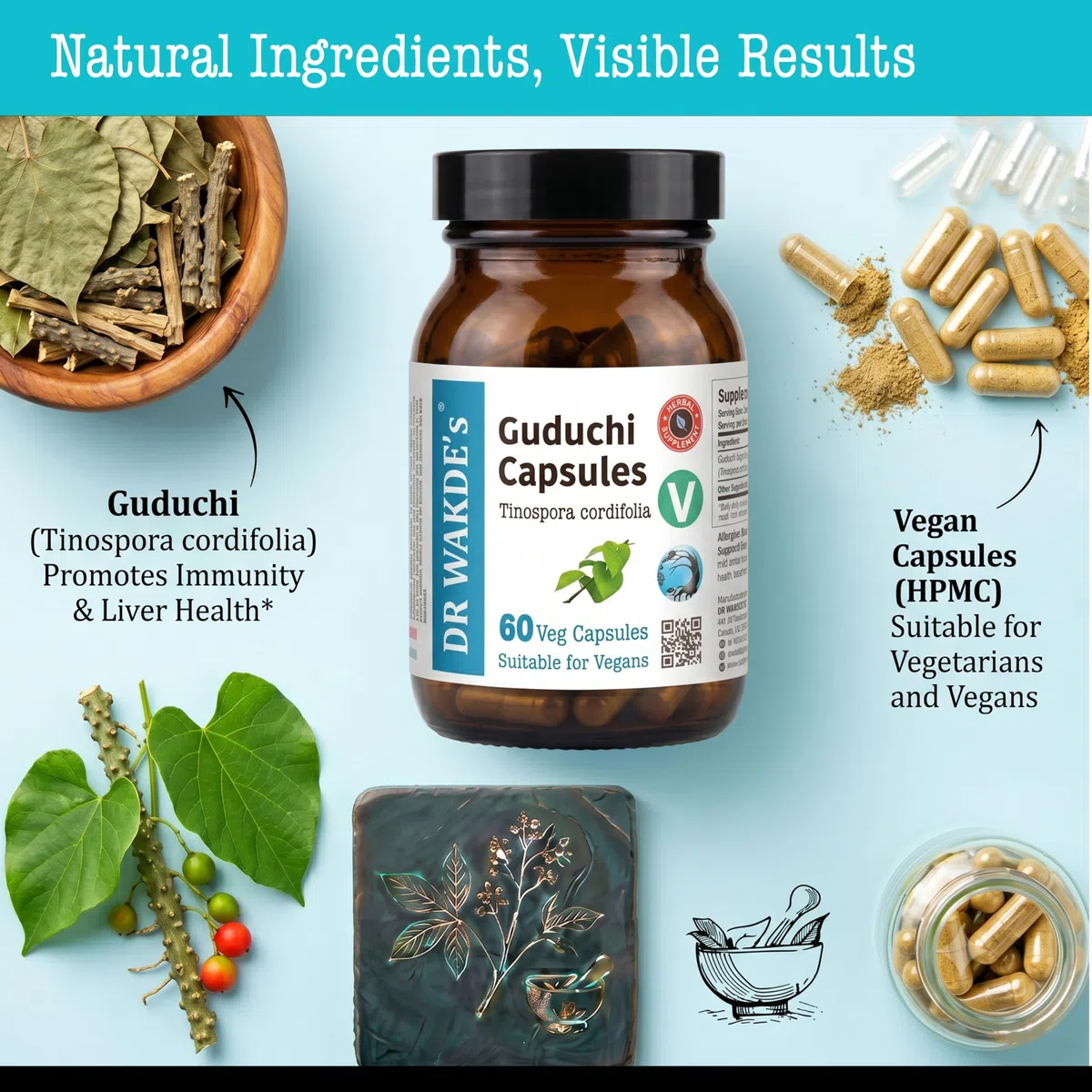 DR WAKDE'S Guduchi Kapseln – Giloy (Tinospora cordifolia) 500 mg | 60 Vegane Kapseln | Immunsystem & Wohlbefinden | 100% Reines Ayurvedisches Kräuterpulver | Ohne Zusatzstoffe | Vegan & Vegetarisch