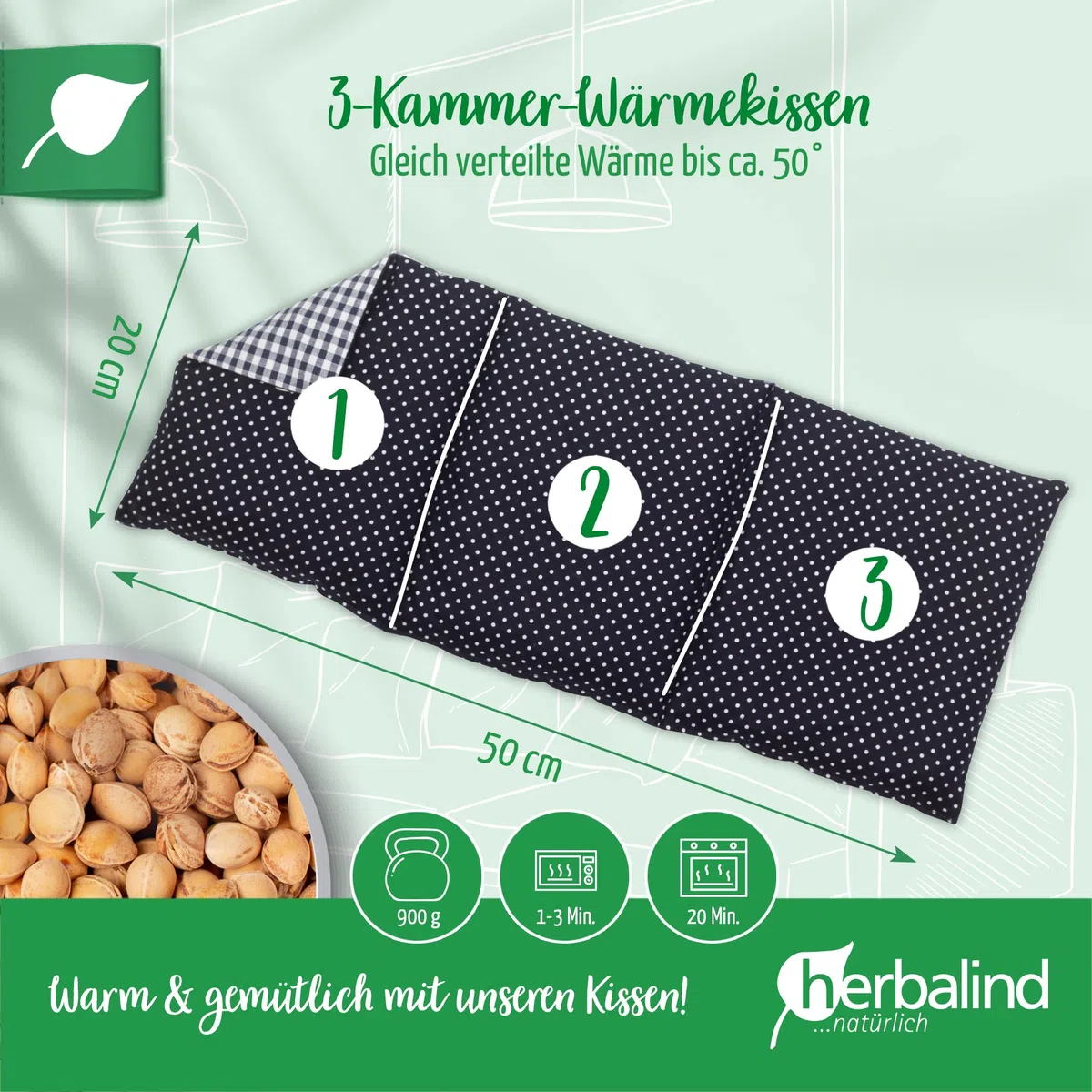 3000 Kirschsteine HERBALIND XL Kirschkernkissen Nacken Schulter - Körnerkissen 3 Kammer Handmade in Germany - 100% Baumwolle, Wärmekissen Mikrowelle - Geschenk für Herren, 900g, 50x20cm blau