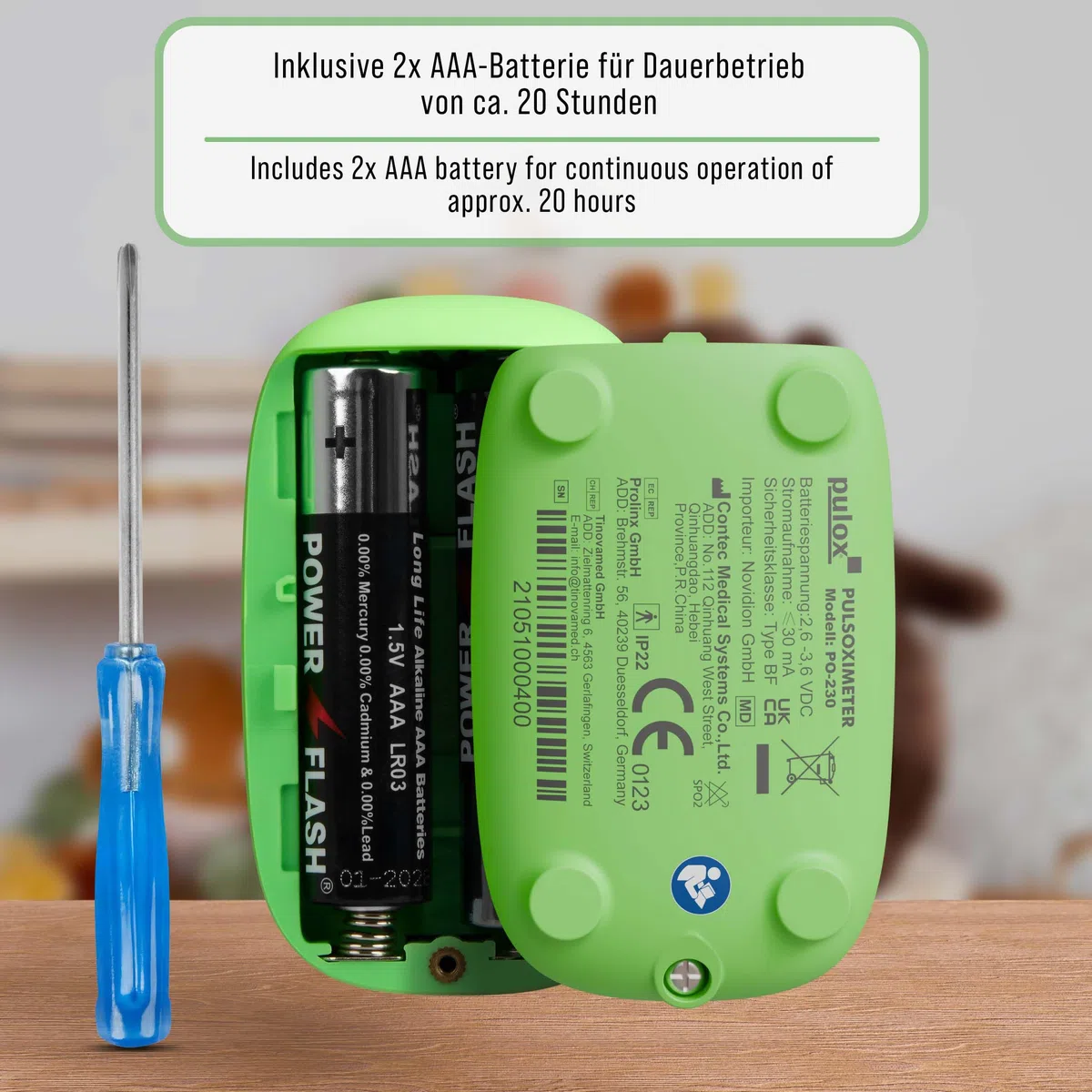 Pulox PO-230 Kinder Pulsoximeter Grün zur Messung von SpO2 und Puls | Misst Sauerstoffsättigung und Herzfrequenz in wenigen Sekunden, inklusive Sticker zum individuellen Bekleben und Gestalten