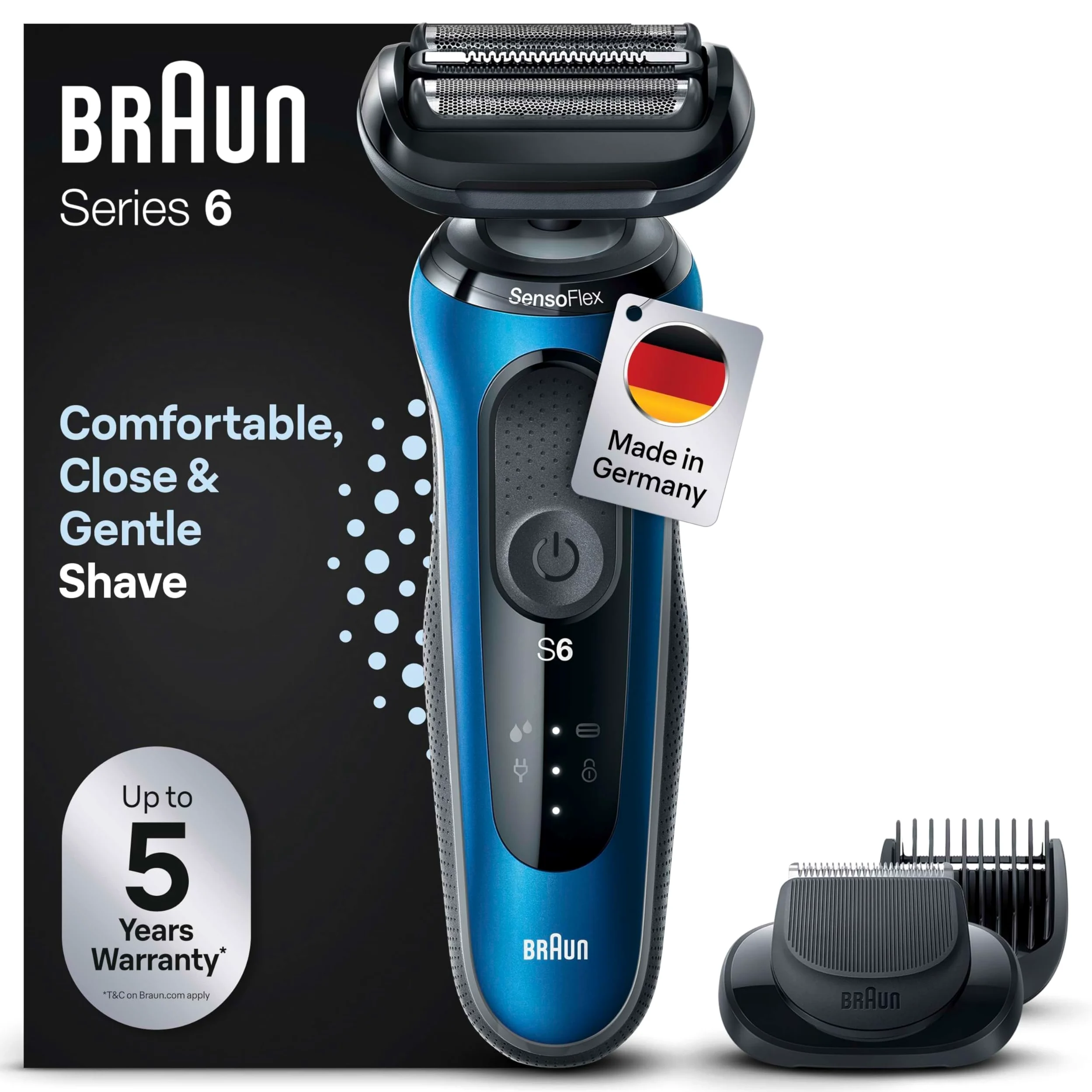 Braun Series 6 Elektrorasierer mit EasyClick Barttrimmer Aufsatz, SensoFlex Rasierer Herren Elektrisch, Wet & Dry, Geschenk Mann, Made in Germany, 61-B1500s, blau