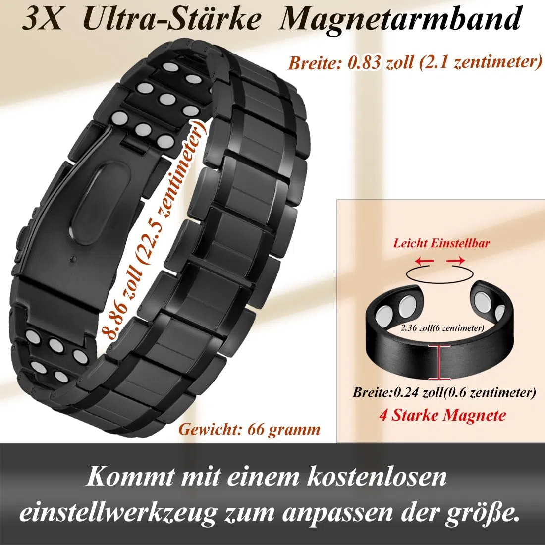 Lymphdrainage Magnetarmband Herren Ultrastarke Magnete Reines Titan verstellbar mit Entnahmewerkzeug und Geschenkbox (Schwarz)