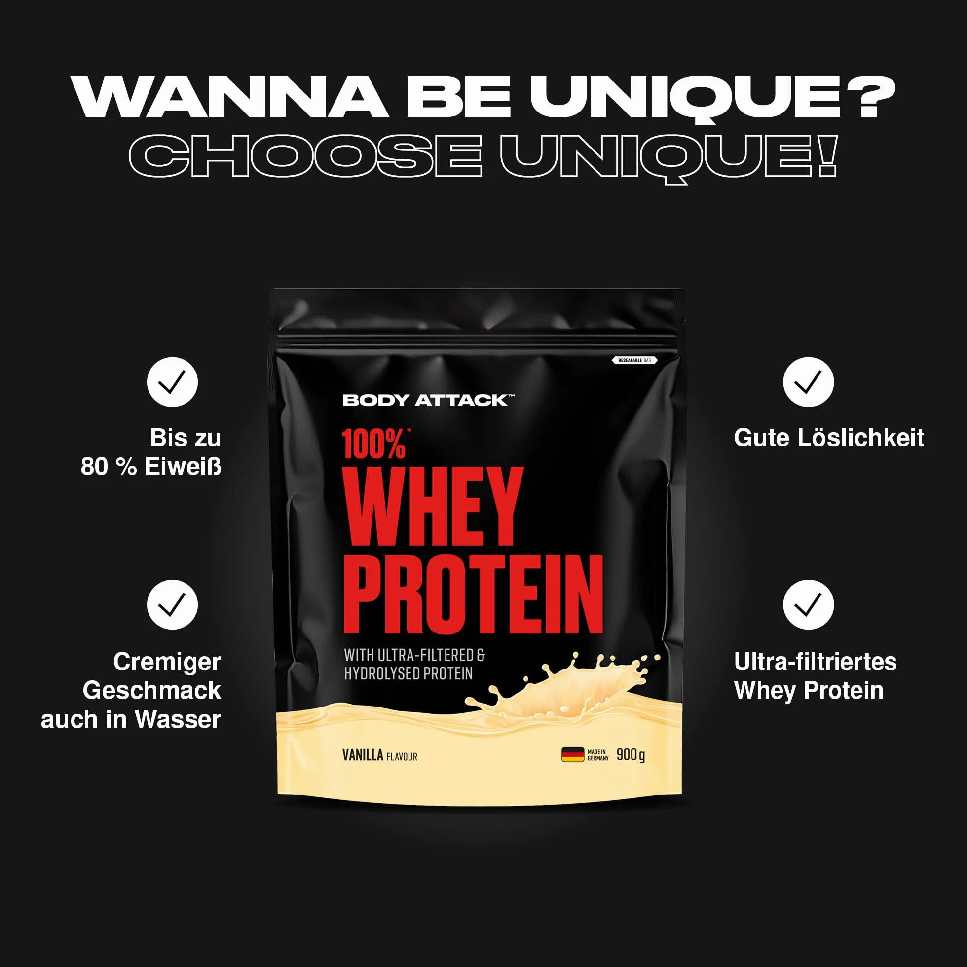 Body Attack 100% Whey Protein - Chocolate, 900 g - Made in Germany - extra cremiges Eiweißpulver mit Hydrolysat und BCAA´s, unterstützt Muskelaufbau und Diäten, für alle Sportler & Athleten