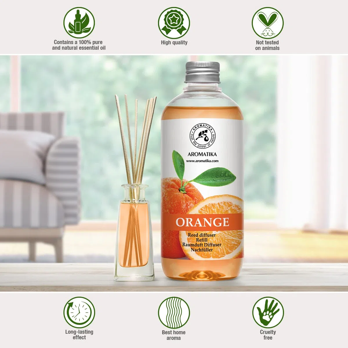 Raumduft Nachfüllflasche Orange 500 ml - Orangendiffusor Nachfüllpackung - Diffusor Zitrus mit natürlichem ätherischem Orangenöl - für Aromatherapie, Haus, Bad, Büro, Boutique