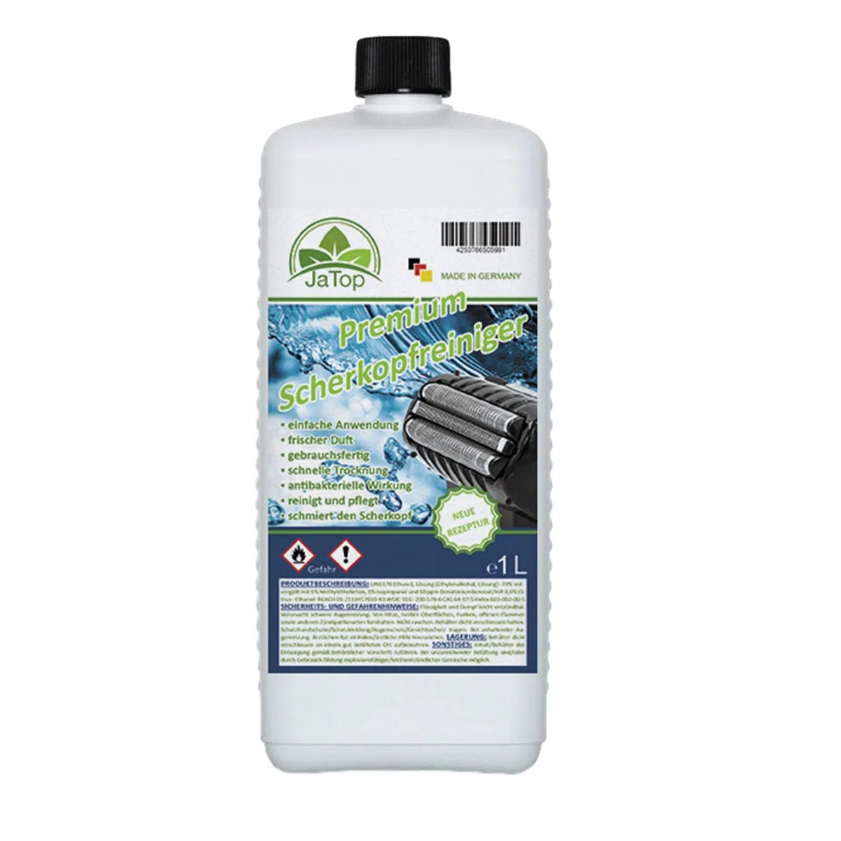 JaTop Scherkopfreiniger Nachfüllflüssigkeit + 1 Kartusche (leer) [1l pro Flasche] - geeignet zum Nachfüllen von Braun Clean & Renew Synchro Activator & Pulsonic Series Made in DE