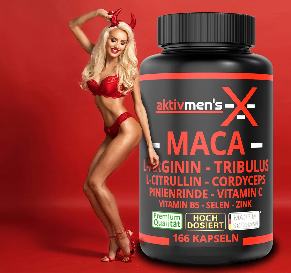 aktivmen's X MACA SCHWARZ - teuflisch gut dosiert - 166 Kapseln + L-Arginin, L-Citrullin, Cordyceps, Tribulus, Pinienrinden Extrakt, Selen, Vitamin C + B5, Zink, 1 Dose (1x134.9g)