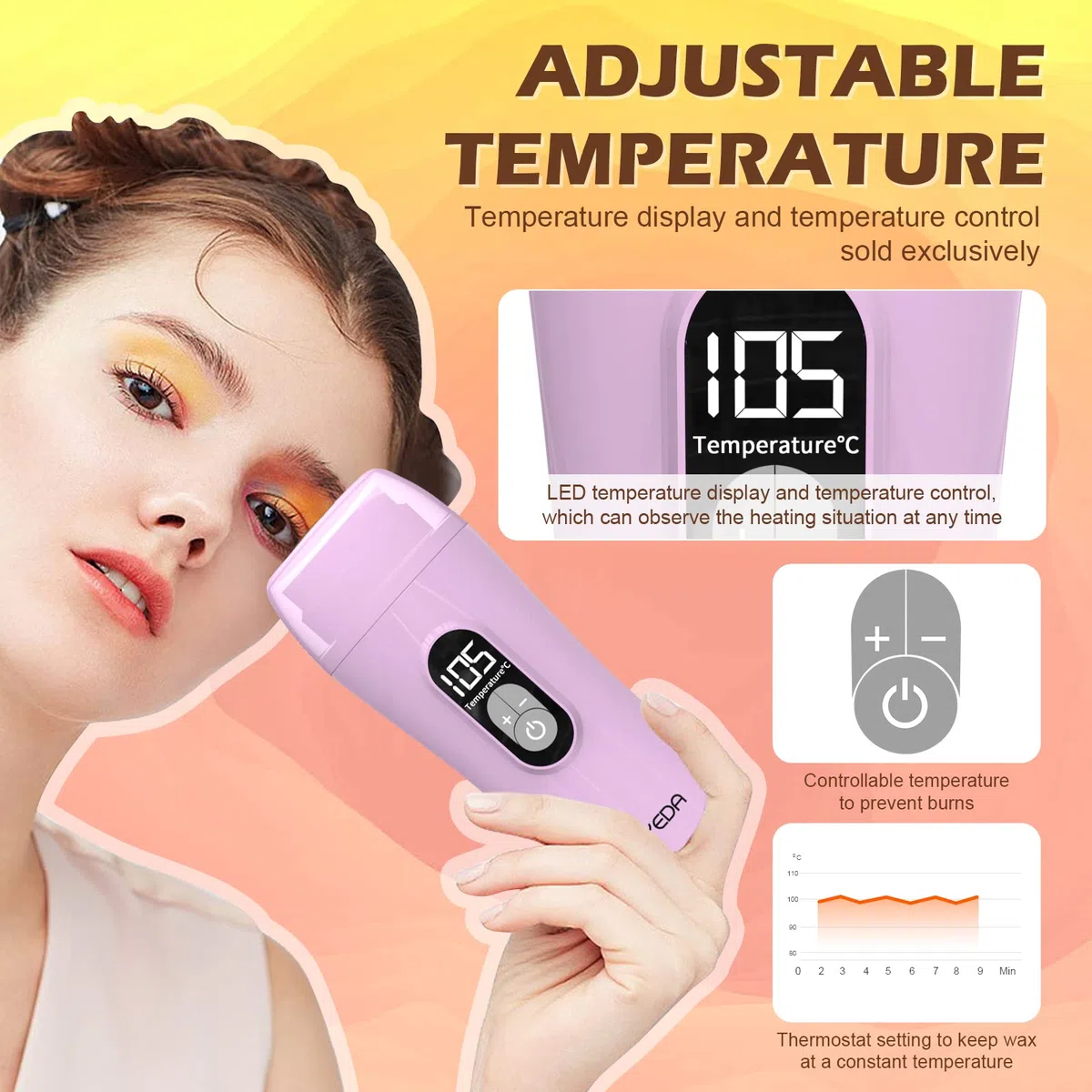 Digitales Wachs auf Rolle, Wax Roller Kit zur Haarentfernung, Honey Roller Waxing Kit, tragbarer temperaturgesteuerter und thermostabiler Wachswärmer für Frauen und Männer Violett
