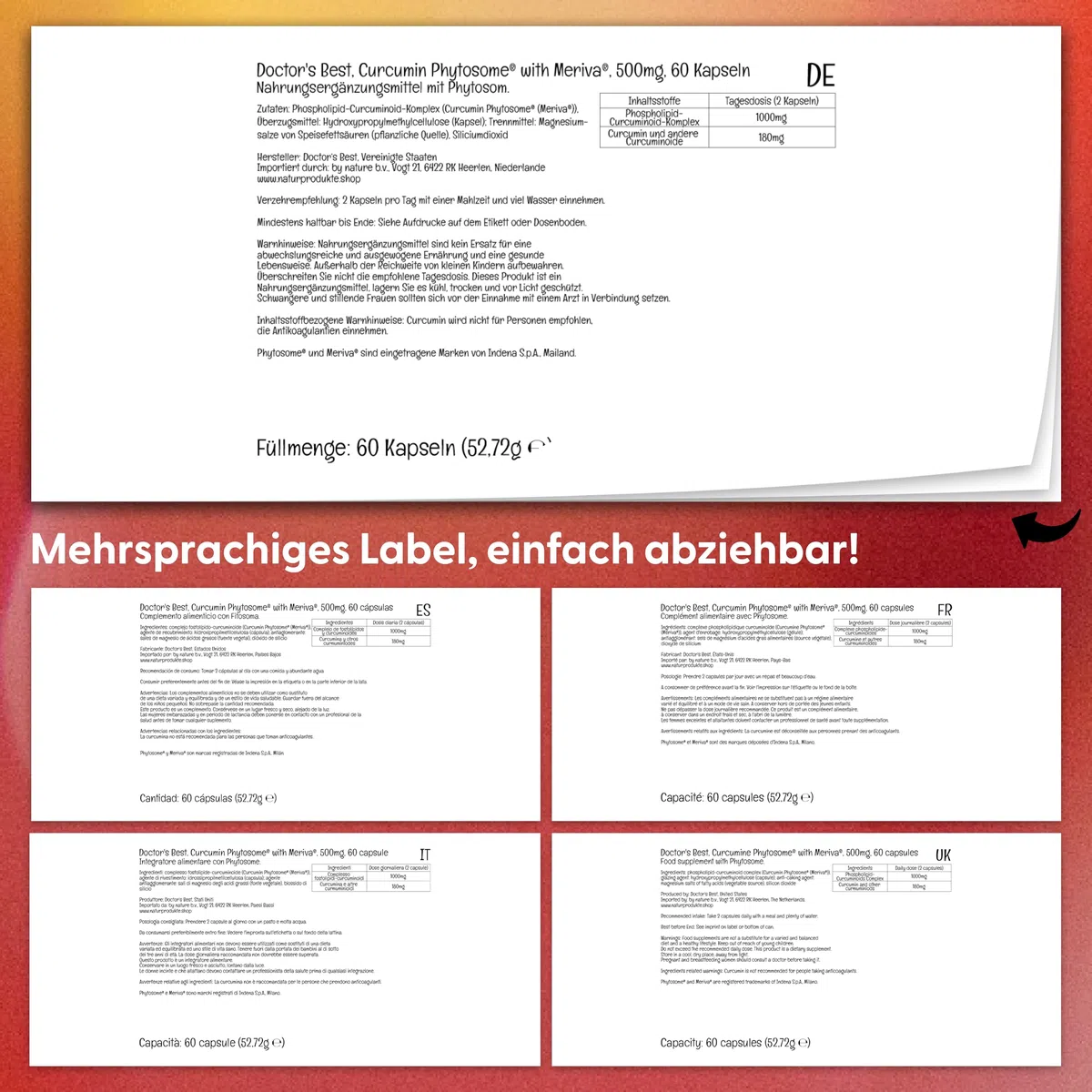 Doctor's Best, Curcumine Phytosome mit Meriva, 500mg, 60 vegane Kapseln, Laborgeprüft, Glutenfrei, Sojafrei, Vegetarisch