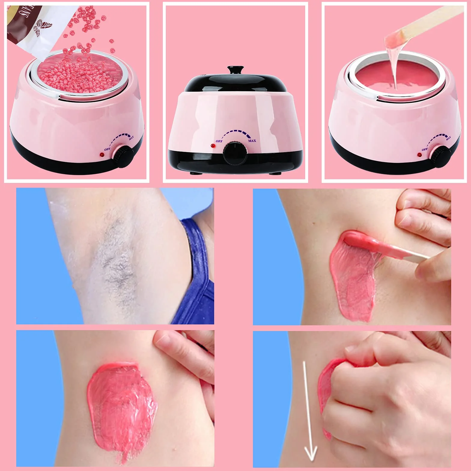 Wachswärmer Wachs Haarentfernung - Wax Maschine Wax Heater Wax Warmer Waxing Set Heisswachs Wachsgerät Wachs Kit mit 4x100g Wacshbohnen, 20 Holzspateln Kann für Körper, Beine,Bikini, Männer und Frauen