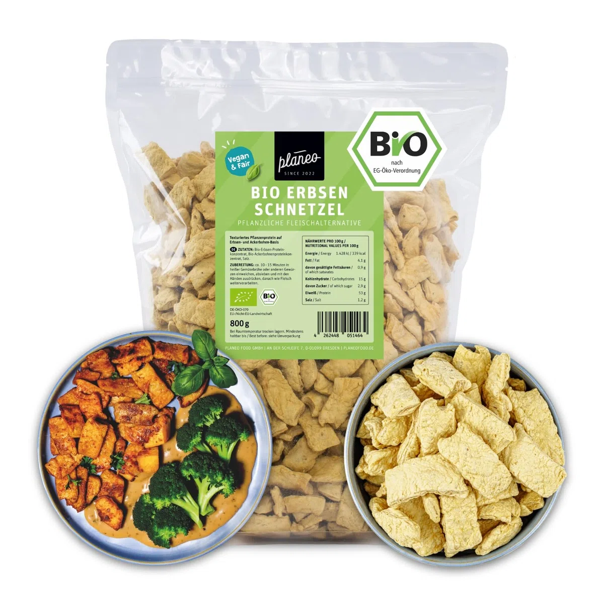 Planeo BIO Erbsen Schnetzel 800g – Veganer Fleischersatz mit über 50% Eiweiss, ideal für Geschnetzeltes & Eintöpfe, aus Erbsen- und Ackerbohnenprotein