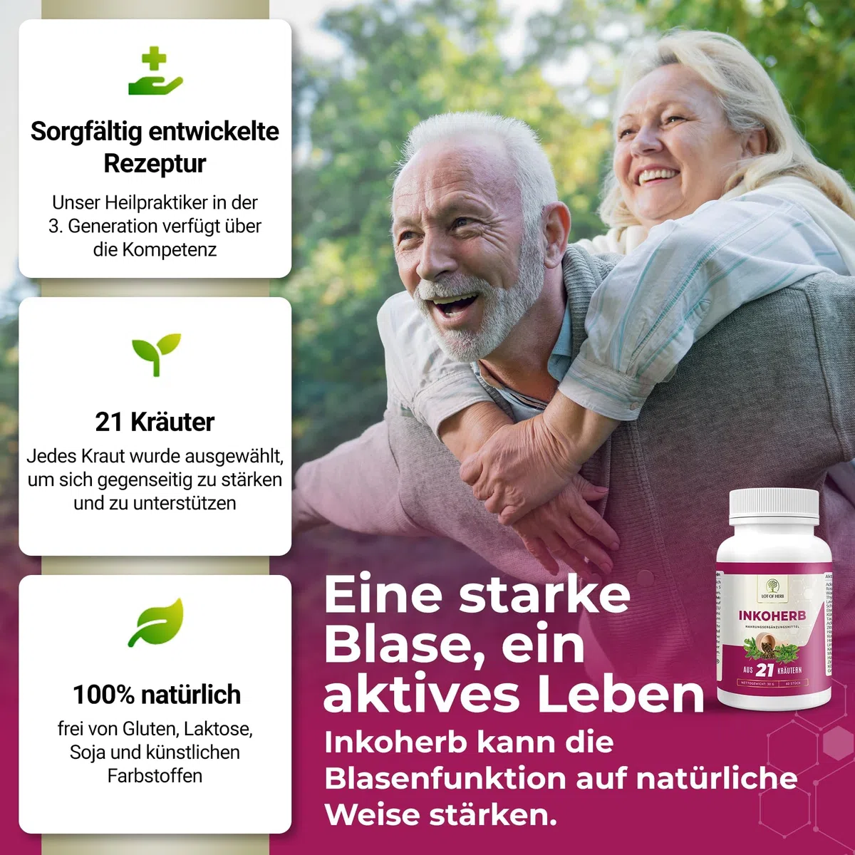 Inkoherb aus 21 Kräuter zur natürlichen Stärkung der Blasenfunktion - Kann bei Inkontinenz Blasenschwäche Harndrang unterstützen - Nahrungsergänzungsmittel für Frauen und Männer - 60Stk
