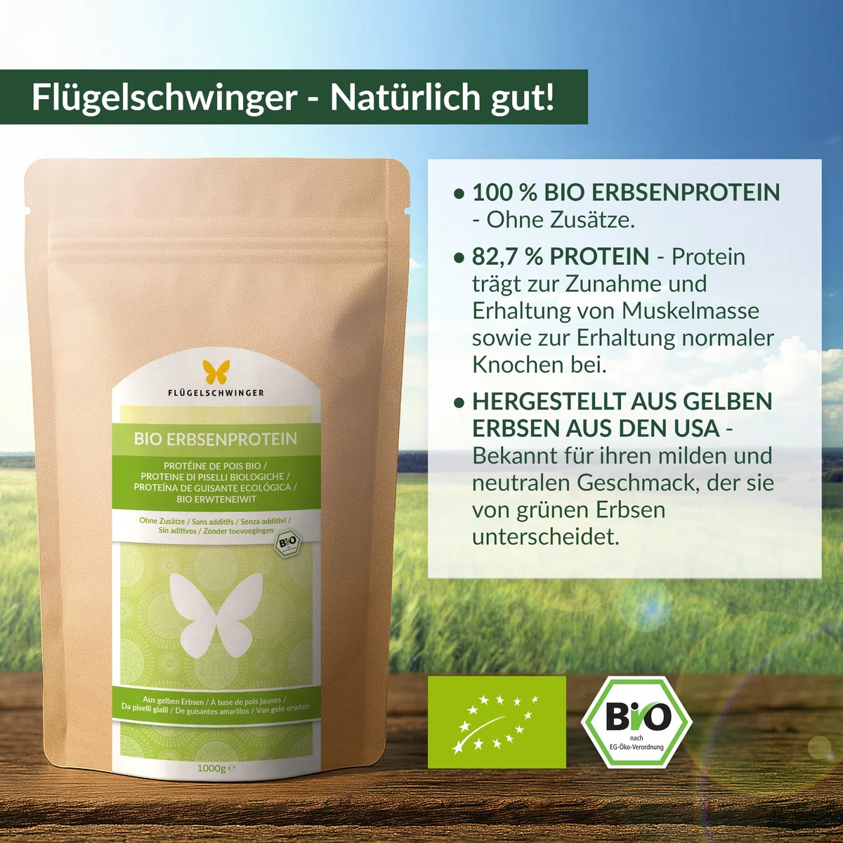 1kg BIO Erbsen Protein aus geschmacksneutralen, gelben Erbsen, von Natur aus vegan, ohne Soja