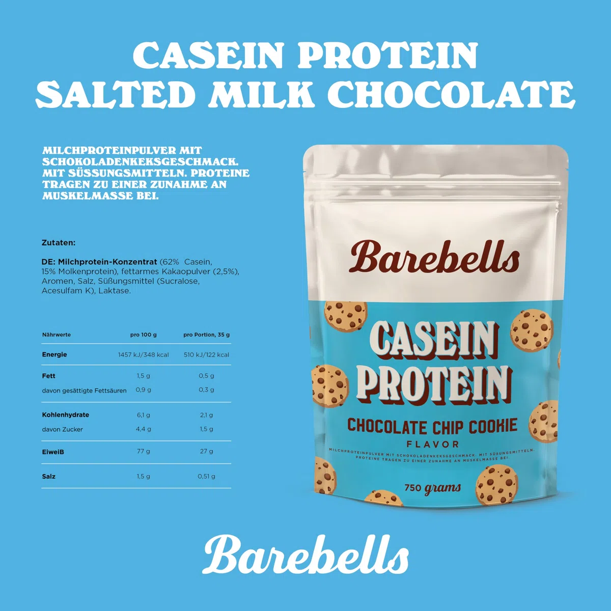 Barebells Casein Proteinpulver – Chocolate Chip Cookie | 27g Protein pro Portion, ohne Zuckerzusatz, cremiger Keks-Geschmack, langsam verdauliches Protein, 1x 750g Beutel