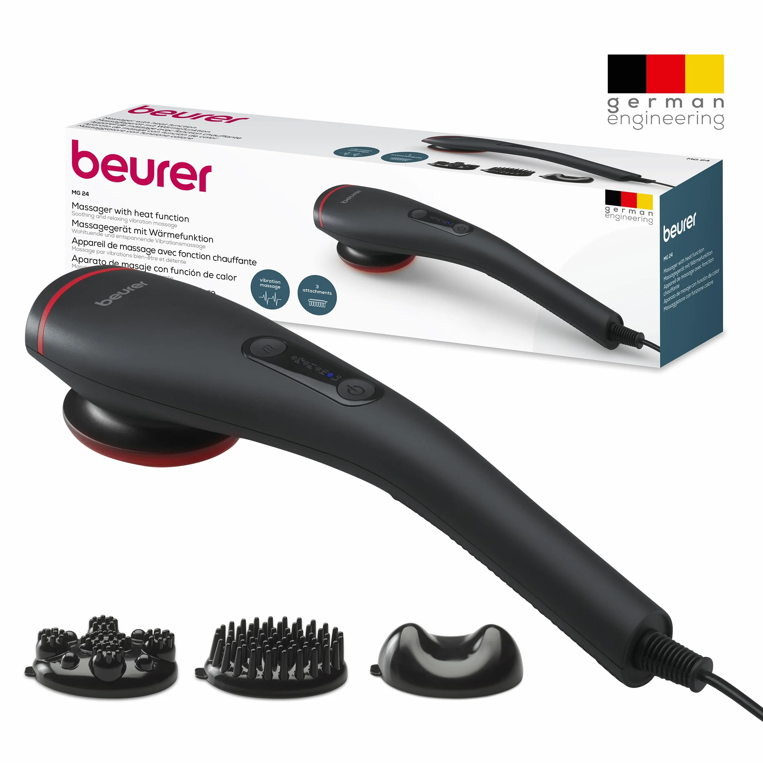 Beurer MG 24 Vibrationsmassagegerät, 2 wohltuende Massageprogramme und 2 Intensitätsstufen für ideale Entspannung, 3 Massageaufsätze, am ganzen Körper einsetzbar, schwarz