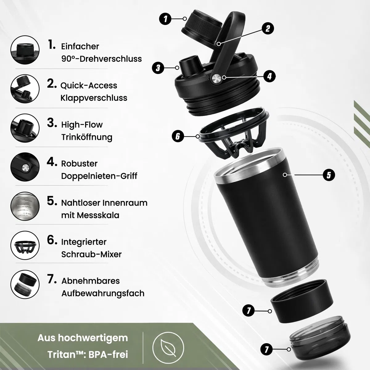 Shaker Edelstahl 700ml, Edelstahl Shaker Doppelwandig mit Pulverfach, Proteinshaker mit Innenskalierung für eisgekühlte Proteinshakes, Klumpenfrei, Auslaufsicher für Freizeit und Sport, BPA-Frei