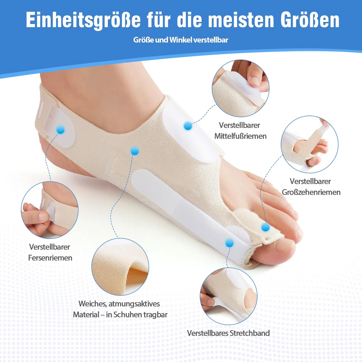Hallux Valgus Schiene für Damen & Herren – Verstellbare Hallux Valgus Bandage mit Gelpolster zur Korrektur und Schmerzlinderung – Einheitsgröße, 1 Paar