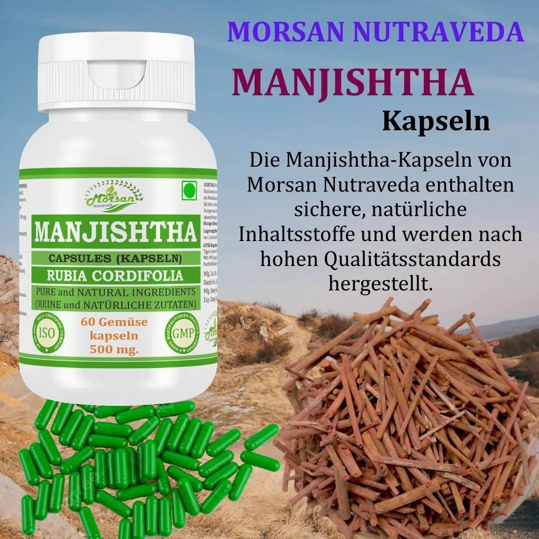Manjishtha (Rubia Cordifolia, Manjith) Extrakt mit 10:1 Stärke, 500 mg x 60 vegane Kapseln | Ayurvedisches Kräuterergänzungsmittel für Männer und Frauen (2 Flaschen mit 60 Kapseln)