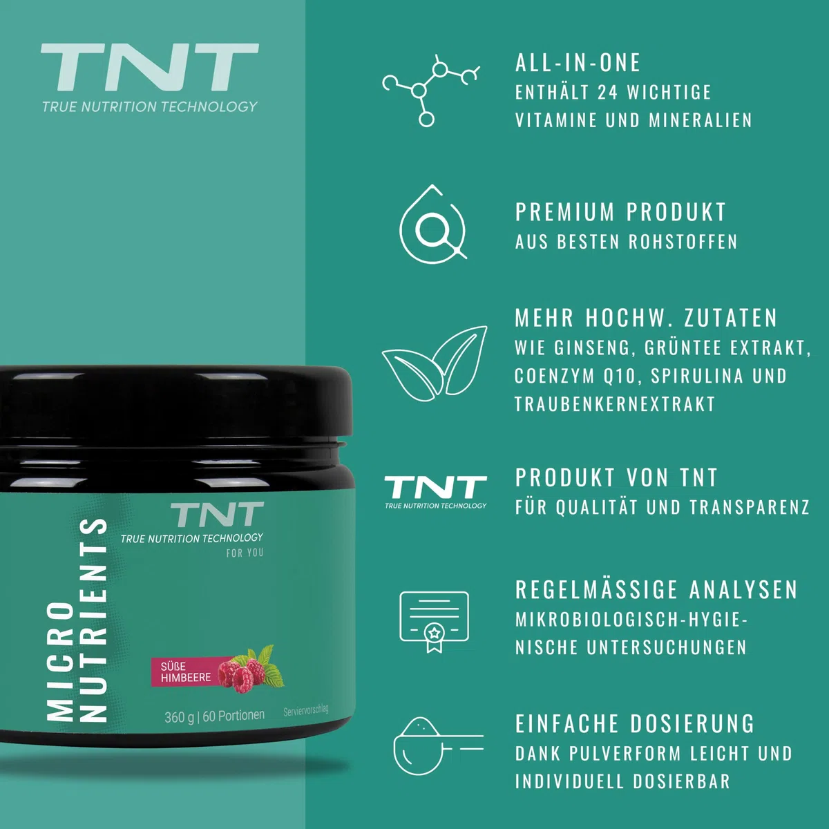 TNT Multivitamin Pulver mit 24 Vitaminen & Mineralien (360g) • Vitamin Komplex mit Grüntee Extrakt, Spirulina & Coenzym Q10 • Micronutrients (Süße Himbeere)