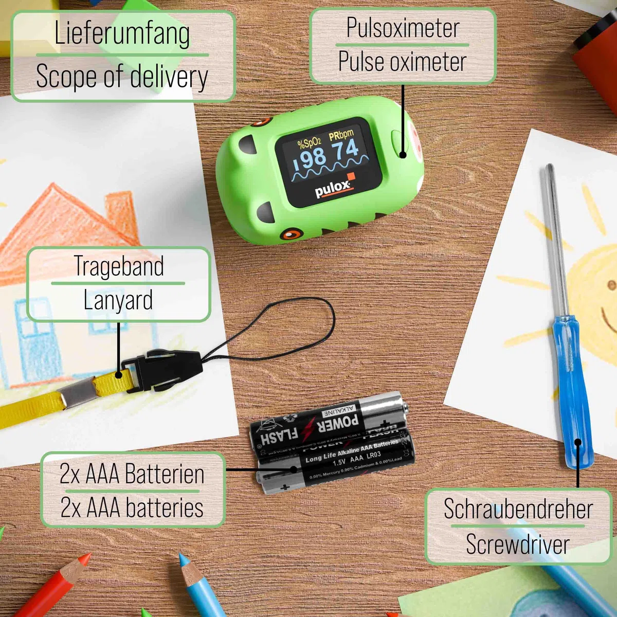 Pulox PO-230 Kinder Pulsoximeter Grün zur Messung von SpO2 und Puls | Misst Sauerstoffsättigung und Herzfrequenz in wenigen Sekunden, inklusive Sticker zum individuellen Bekleben und Gestalten