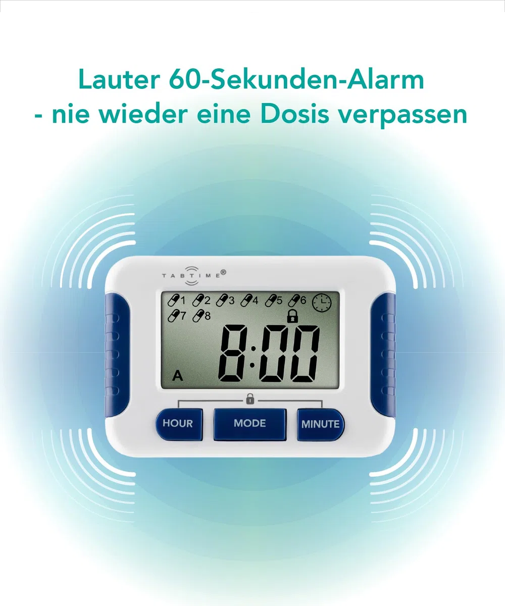 TabTime Timer (mit deutscher Anleitung), Pillenerinnerung, Medikamenten-Uhr/Wecker mit 8 Alarmen pro Tag, essentiell für Parkinson-Patienten
