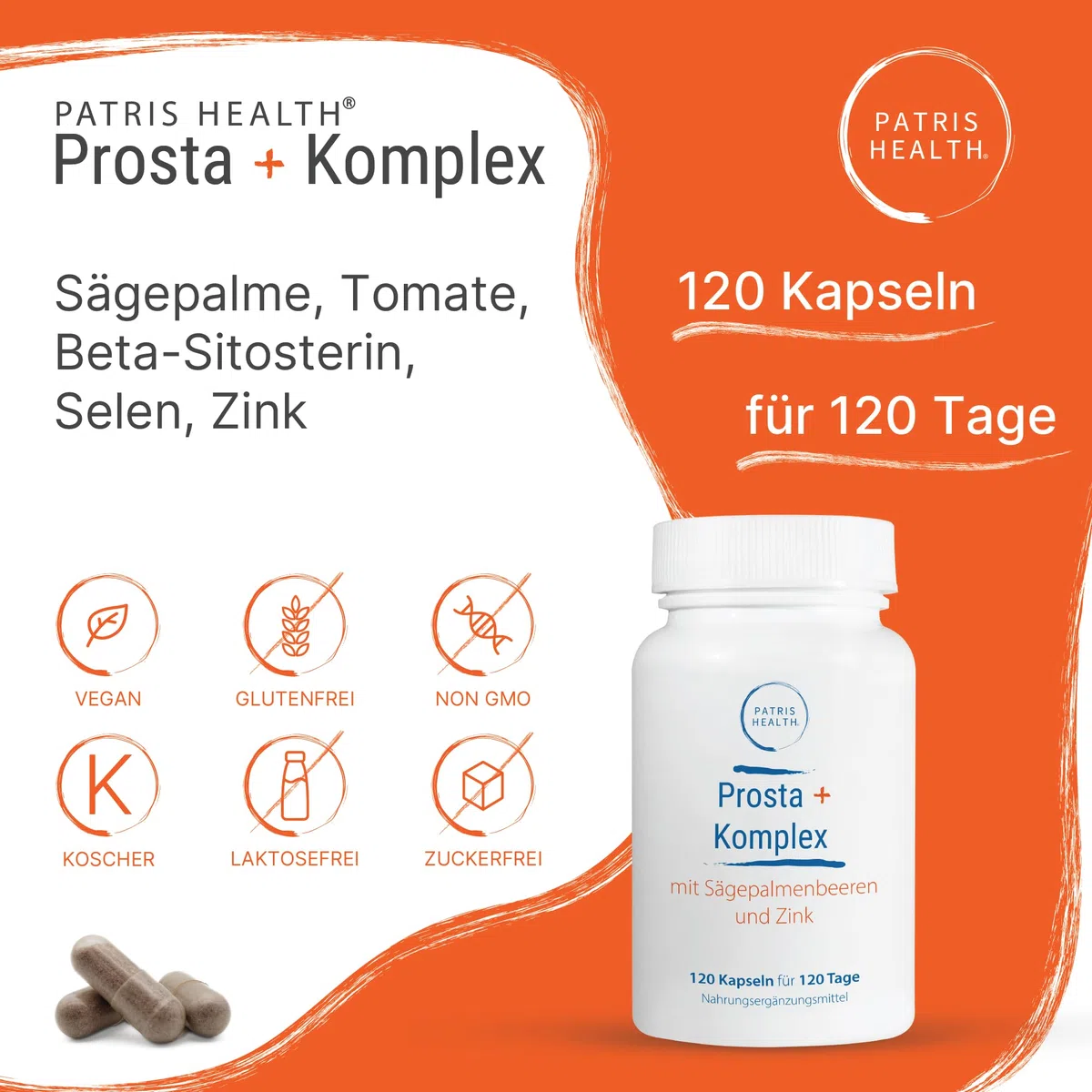 Prosta+ Komplex, 120 Kapseln, mit Sägepalmenbeeren, Tomate, Beta-Sitosterol, Selen und Zink