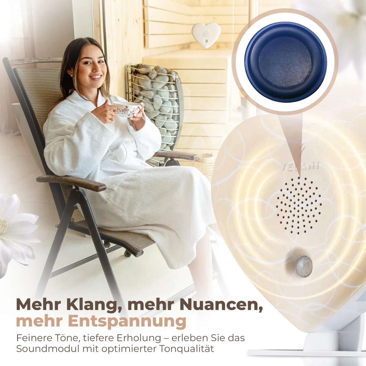 Zwitscher Naturgeräusche Box mit Bewegungsmelder - 18 brillante Klänge, Timer 2–120 Min. für Entspannung im Gäste WC, Vogelgezwitscher Box – VELANI Prestige (Pastell-Cremeweiß, Herz)