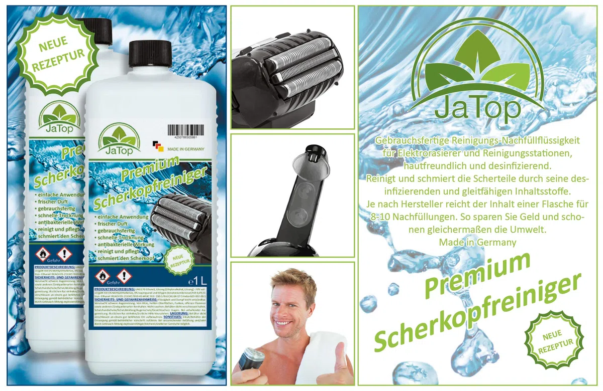 JaTop Scherkopfreiniger Nachfüllflüssigkeit + 1 Kartusche (leer) [1l pro Flasche] - geeignet zum Nachfüllen von Braun Clean & Renew Synchro Activator & Pulsonic Series Made in DE
