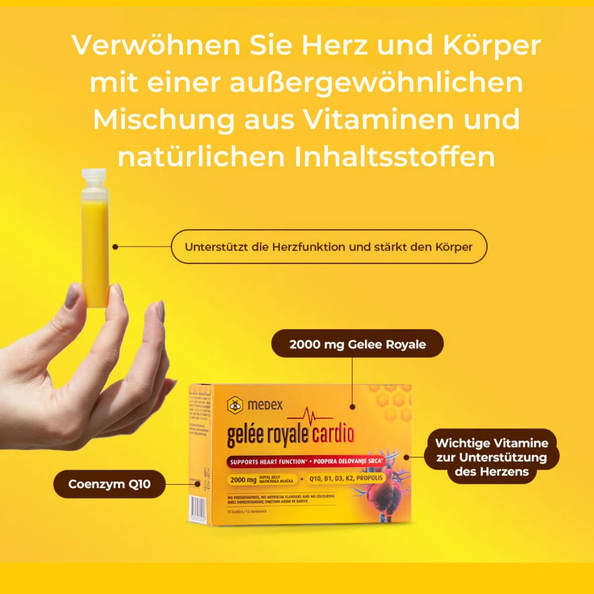 Medex Gelée Royale Cardio 2000 mg - Herz-Vitamine - Mit Gelee Royal, Q10, Vitaminen B1, D3, K2 & Propolis - Nahrungsergänzungsmittel - 10 Ampullen - 10 Tage