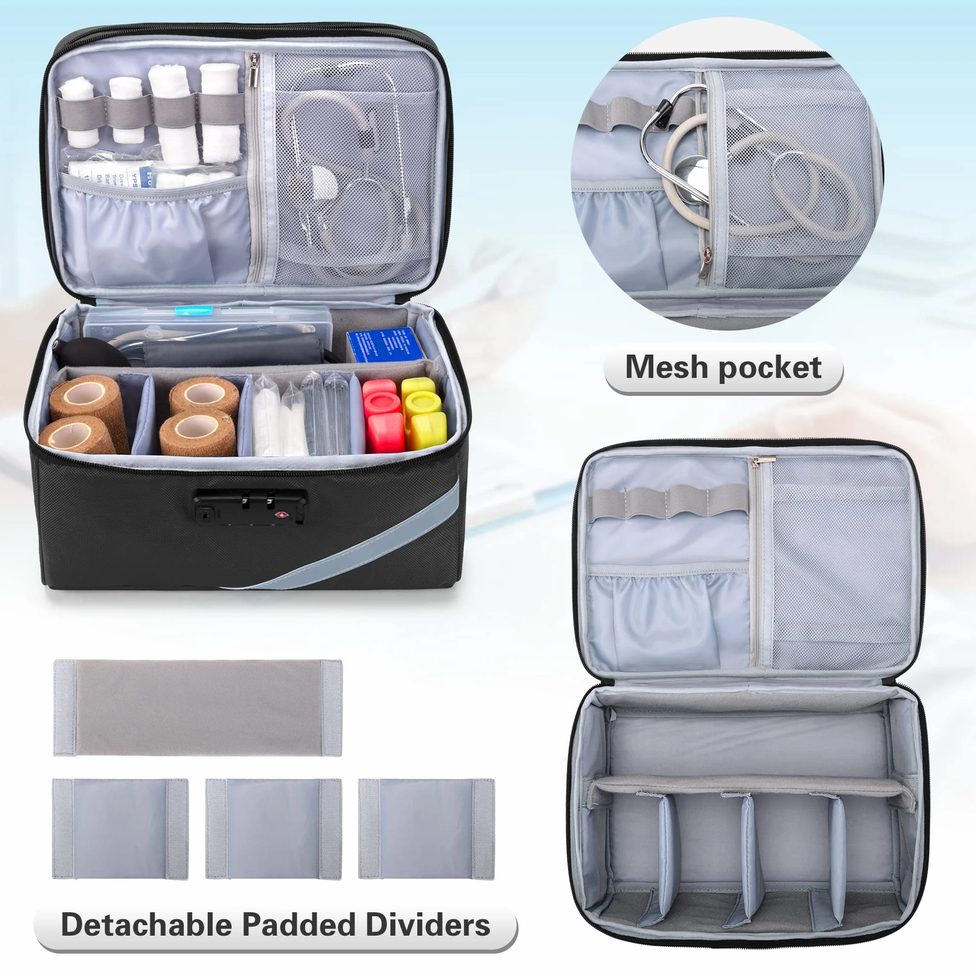 Trunab Kleine Medizinische Tasche mit Zahlenschloss, Abschließbare Medikamenten-Reisetasche mit Minitasche für Zuhause, Reisen, Notfall, Schwarz (Leere Tasche), Patentiertes Design