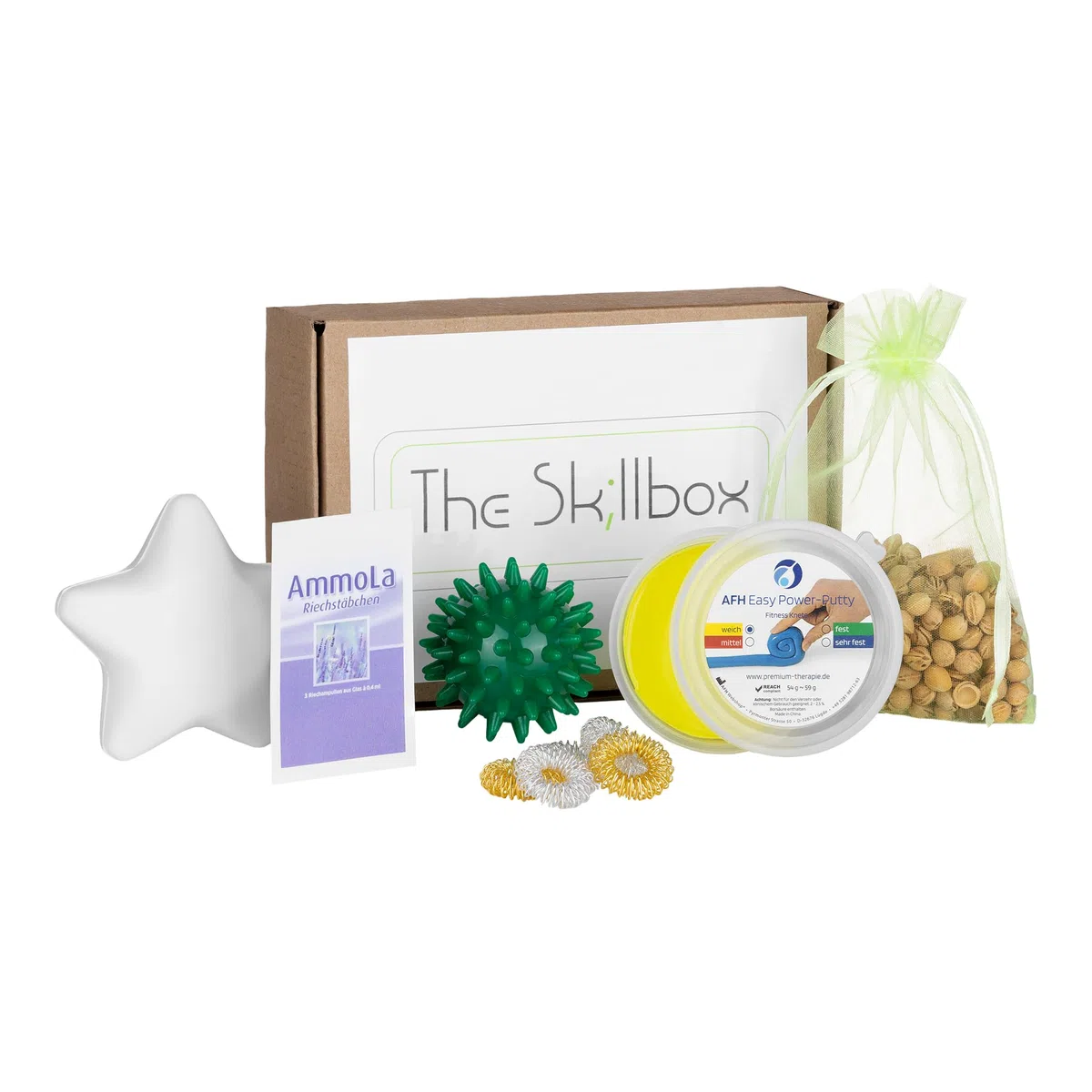 Skill Hilfe Set für Erwachsene und Jugendliche bei Stress, Panikattacken, Belastungszustände - Skillset mit: Akupressurringen, Anti-Stress-Bällen, Therapieknete & AmmoLa Riechampullen