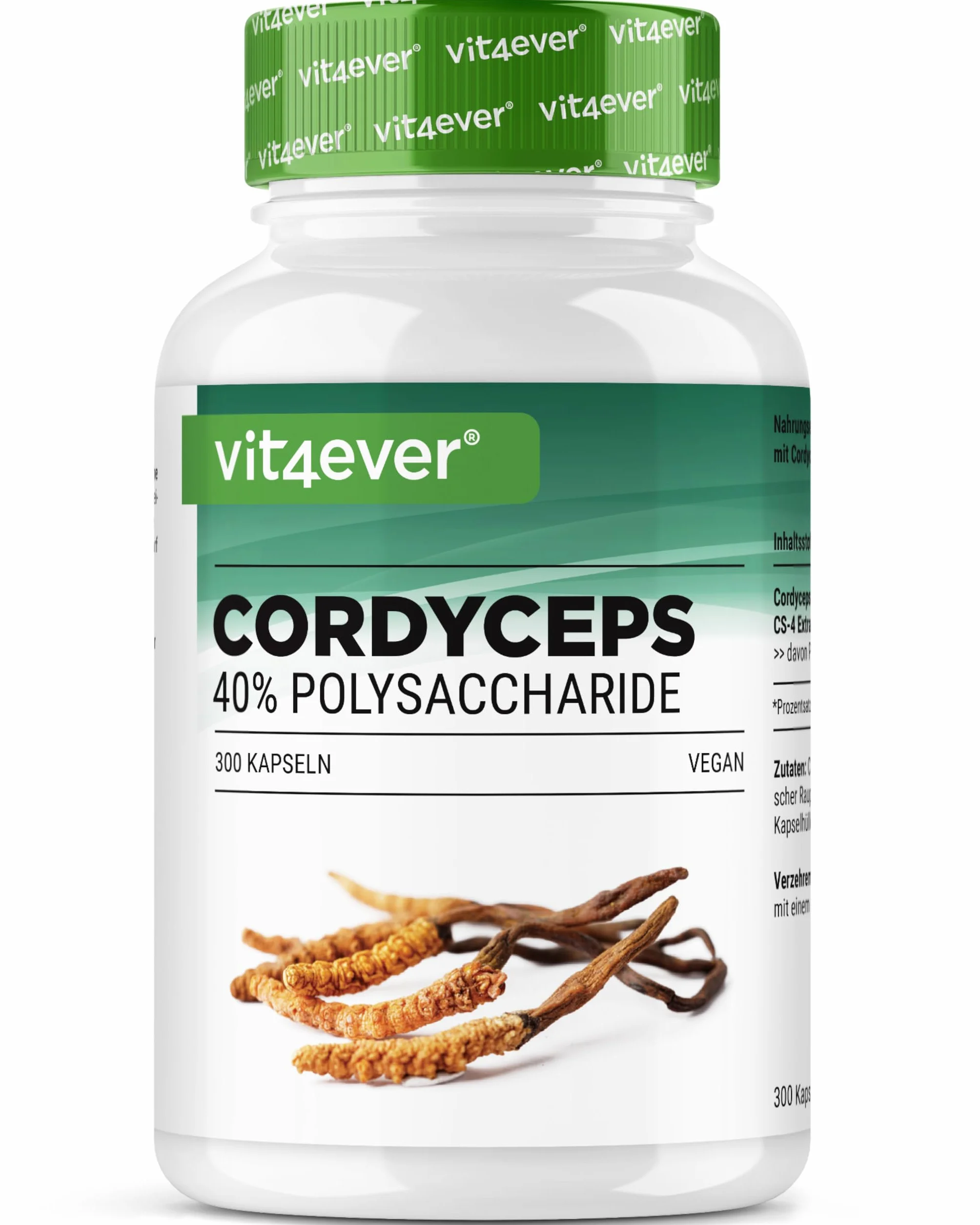 vit4ever Cordyceps Pilz - 300 Kapseln mit 650 mg echtem CS-4 Extrakt - 40% bioaktive Polysaccharide - Hochdosiert - Raupenpilz - Vegan