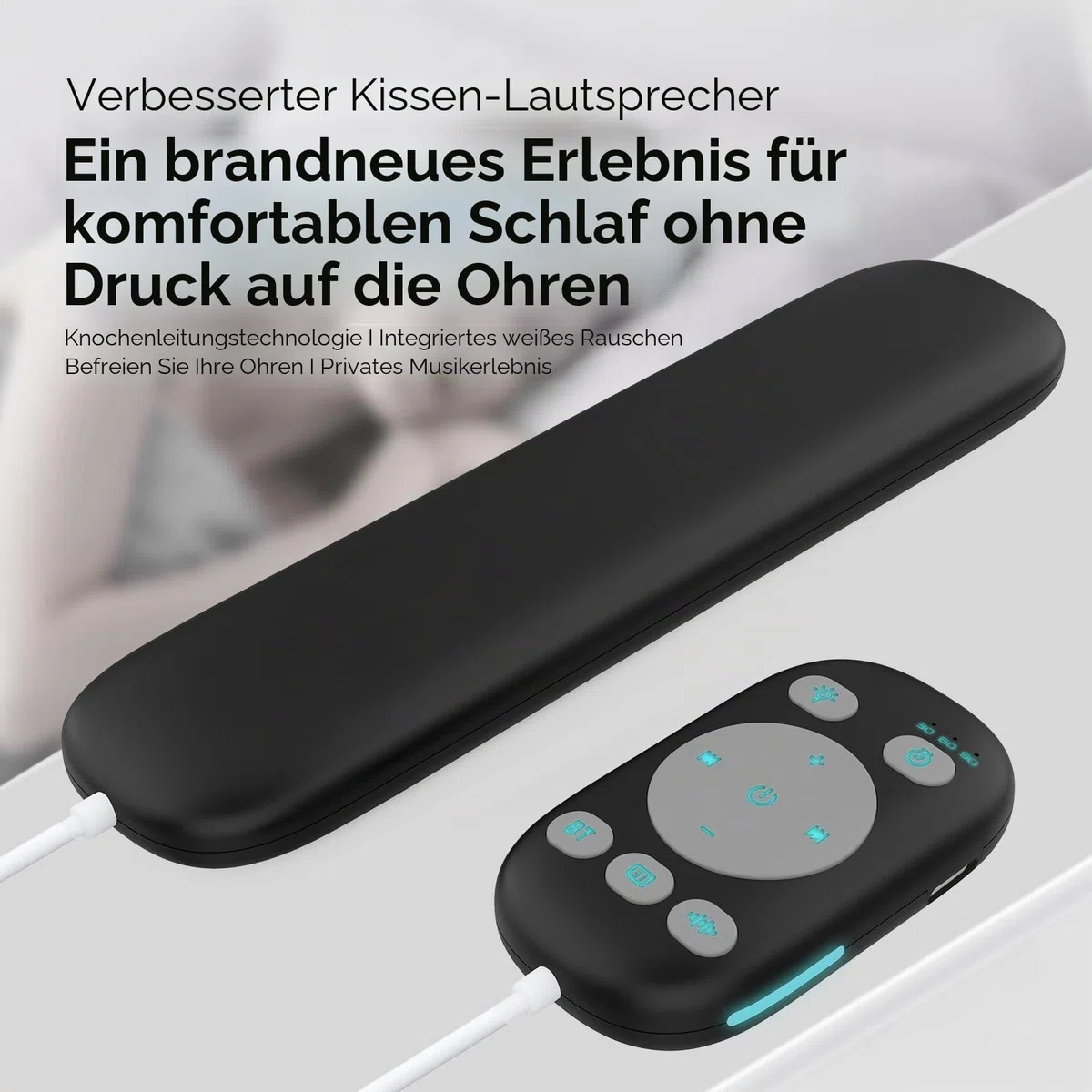 Bluetooth-Knochenschalllautsprecher mit Fernbedienung, 3 Modi, Weißes Rauschen für Unter das Kopfkissen, Verbessert den Schlaf, 3 Timer Einschlafhilfe für Erwachsene, Seitenschläfer, Büro-Nickerchen