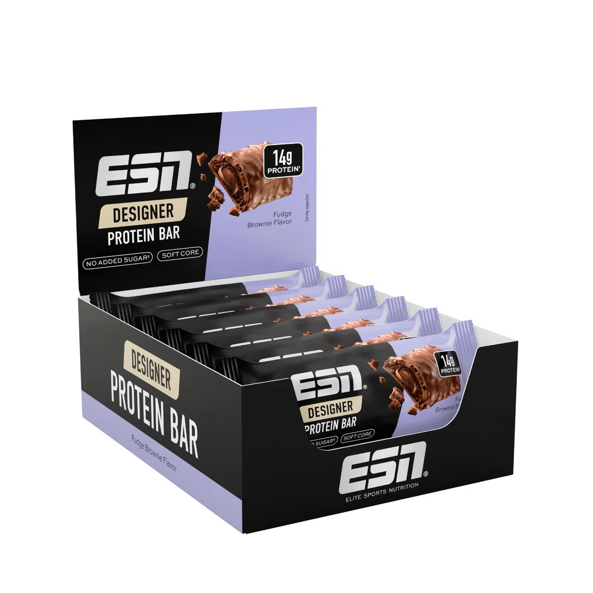 ESN Designer Bar Box, Fudge Brownie, 12 x 45 g, der ideale Snack mit bis zu 14 g Protein pro Riegel - made in Germany