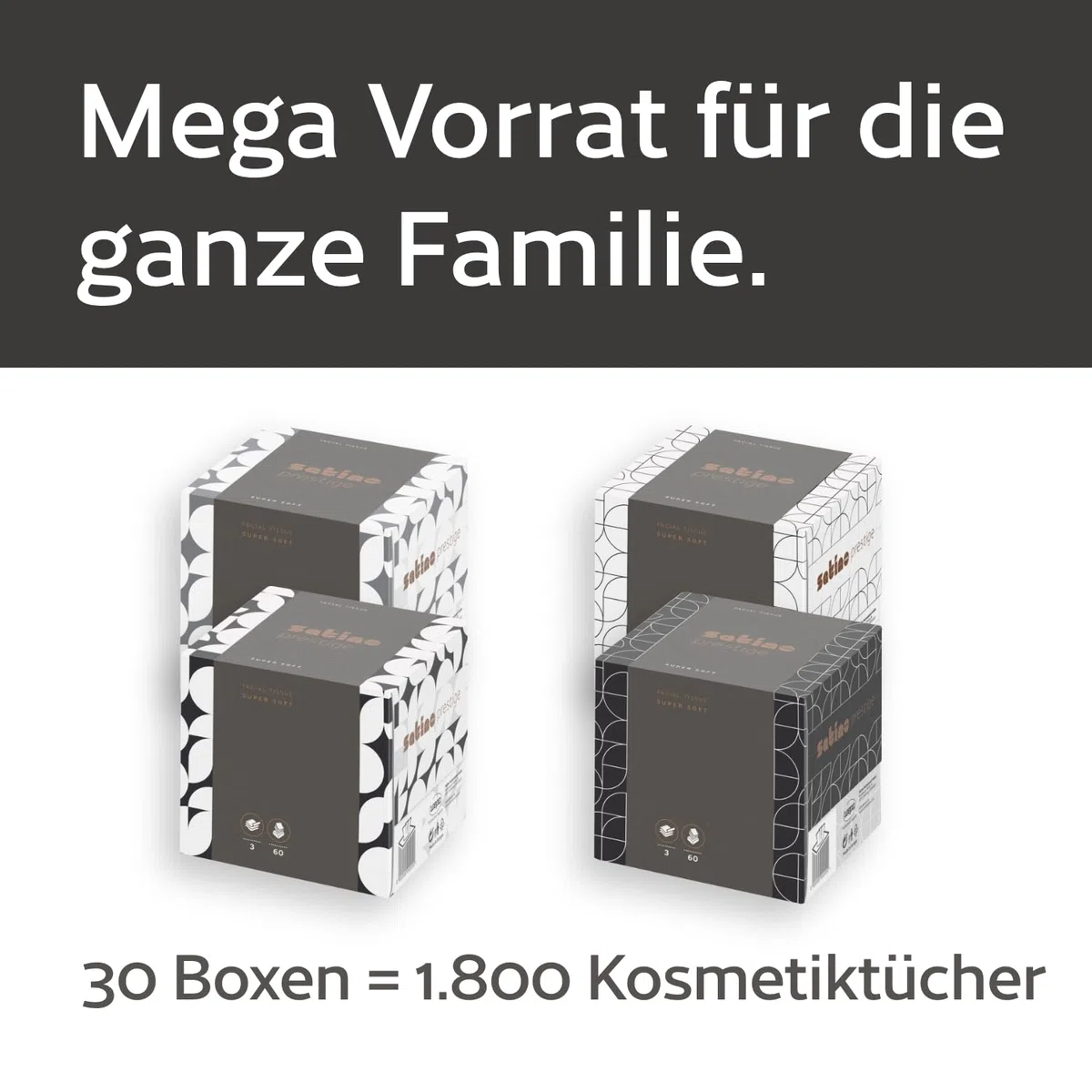30 x Kosmetiktücher Box – 3-lagig - 30 x 60 Blatt – Kosmetiktücher 3lagig – 1.800 Stk. - 30 Boxen mit 60 Tücher – supersoft – Made in Germany - Satino