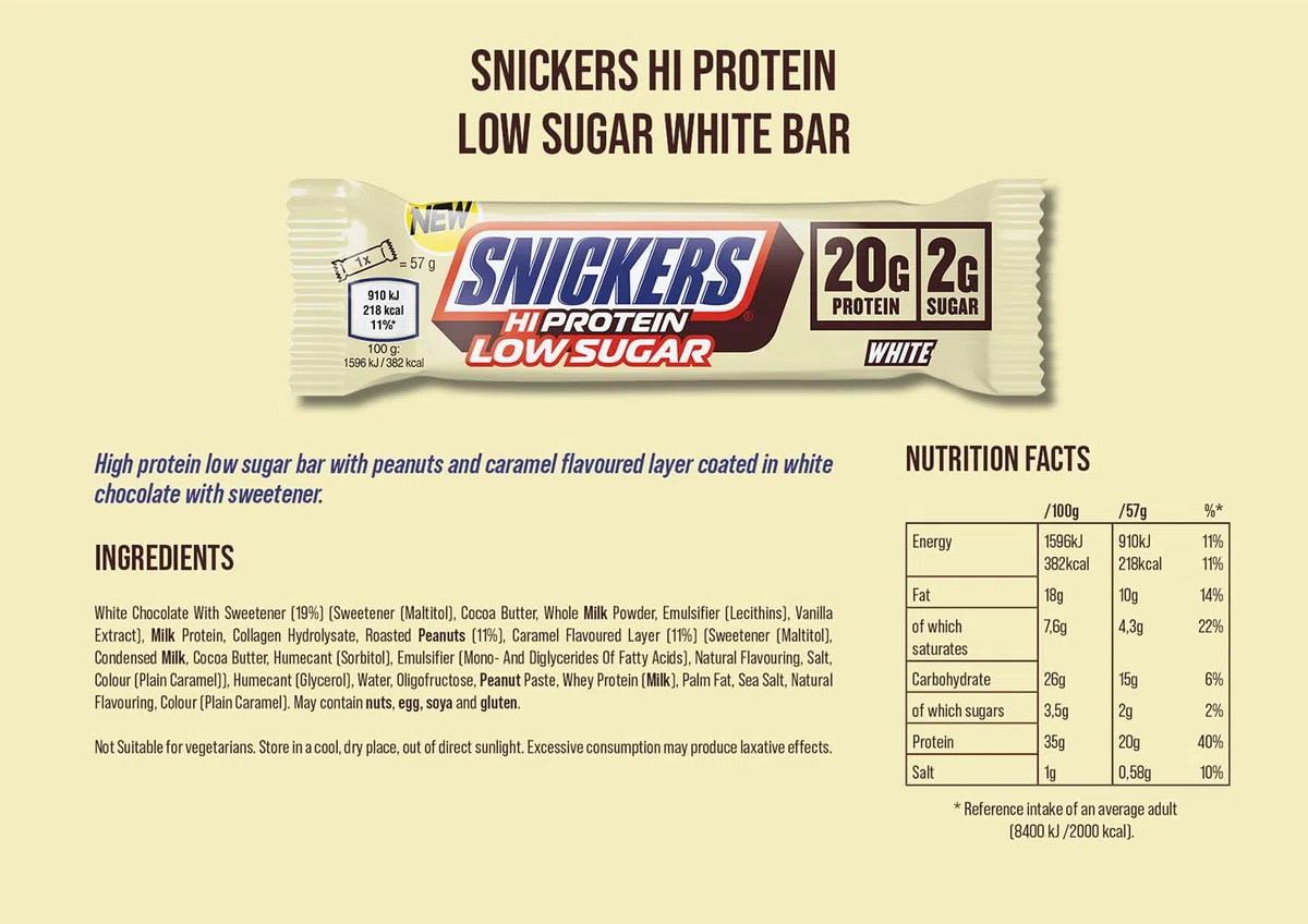 Snickers White Low Sugar High Protein Bar (12 x 57g) – White Chocolate – 20g Eiweiß – Zuckerreduziert – Proteinriegel mit weißer Schokolade & Erdnüssen – Ideal für Muskelaufbau