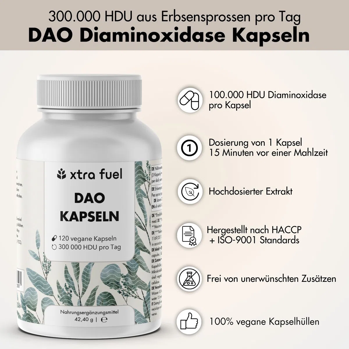 DAO Kapseln 120 Stück (hochdosiert) - 300,000 HDU pro Tagesdosis - DAO Enzym aus Erbsenprotein - vegan & laborgeprüft