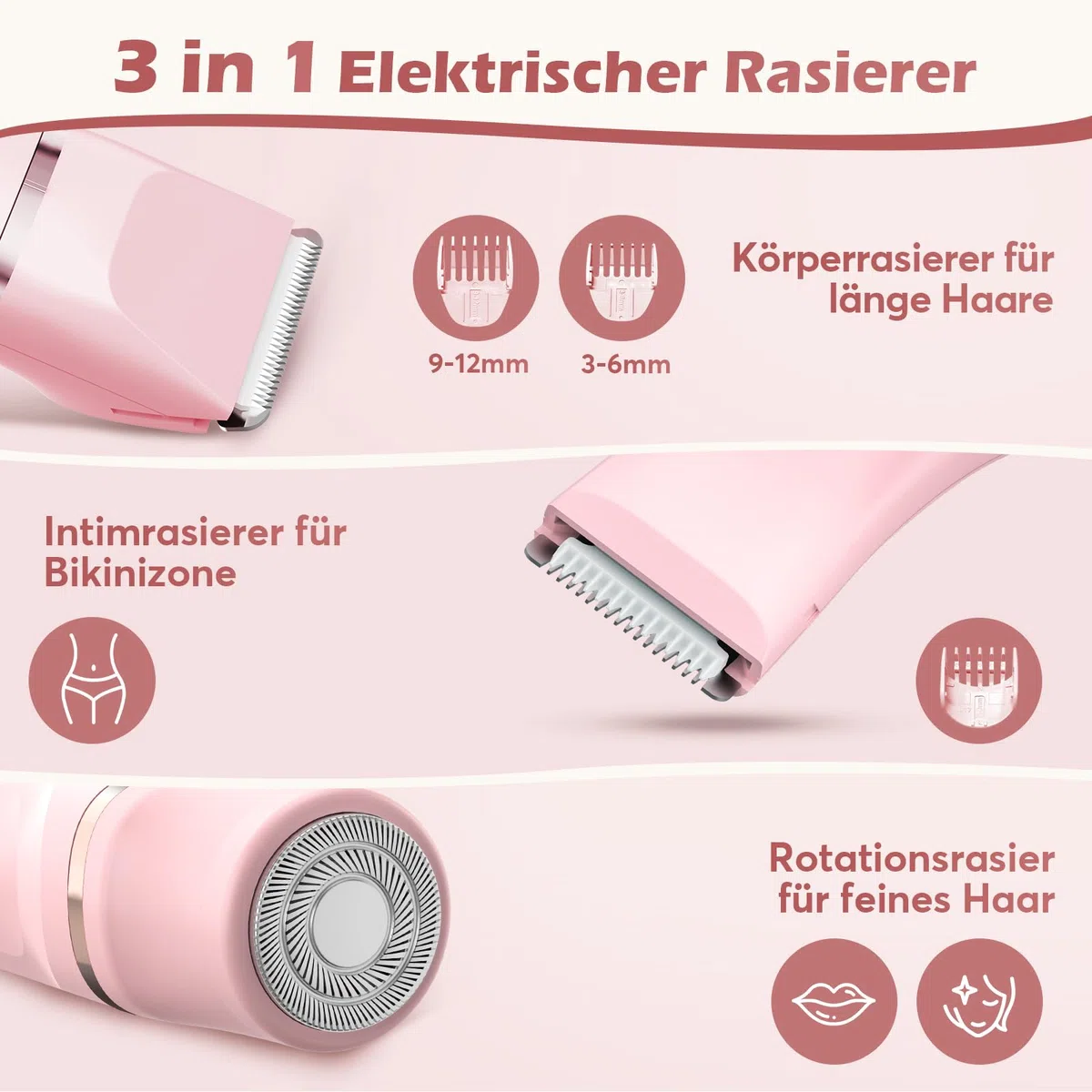 Intimrasierer für Frauen, Elektrischer Rasierer Damen mit 3 Aufsätzen, kabelloser und wiederaufladbarer Trimmer Damen für Intimbereich, Gesicht und Beine, Hautschonend & sanft(Rosa)