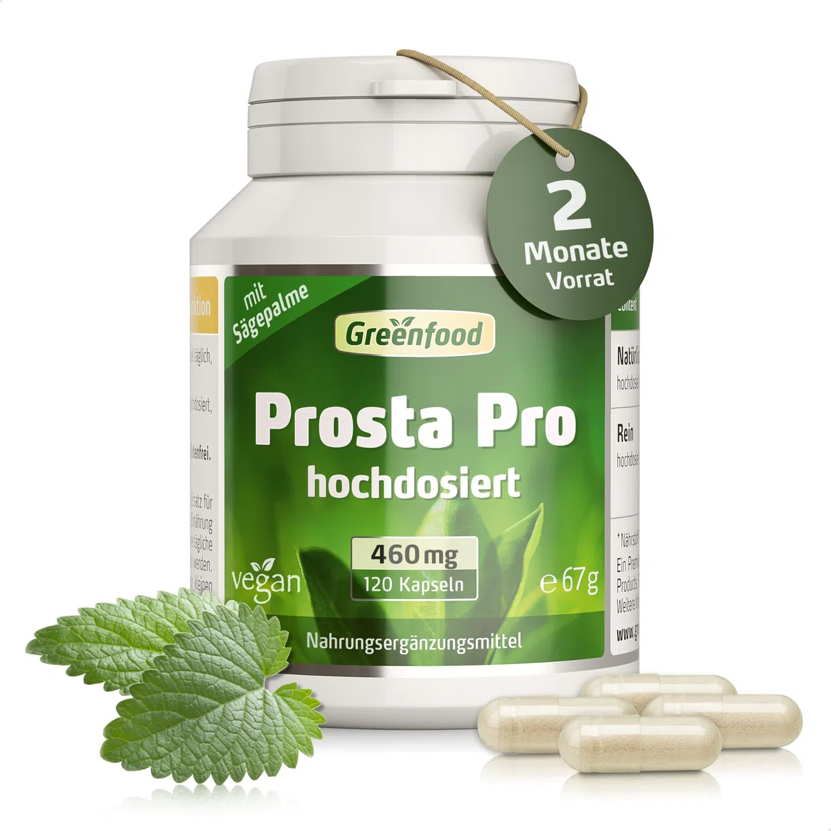 Prosta Pro, 460 mg - 120 Kapseln, vegan. Hochdosierte, reichhaltige Formel - mit Sägepalme, Zink, Selen u.a. OHNE künstliche Zusätze - laborgeprüft. Von Greenfood.