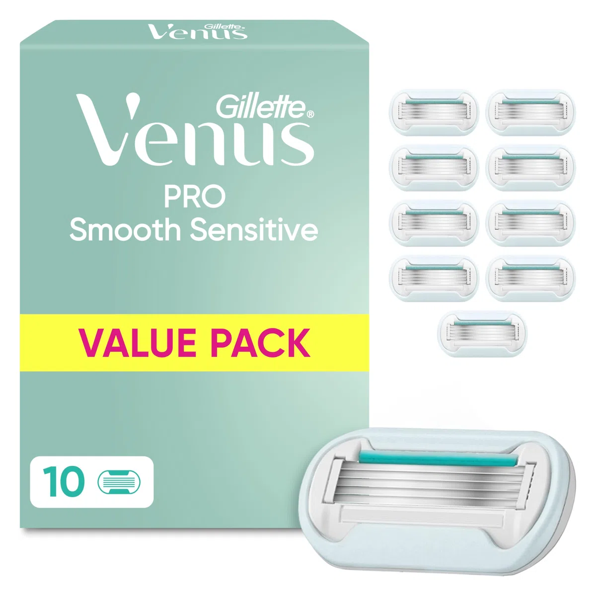 Gillette Venus Pro Smooth Sensitive Rasierklingen Damen, 10 Original Ersatzklingen für Damenrasierer, Nassrasierer für Empfindliche Haut