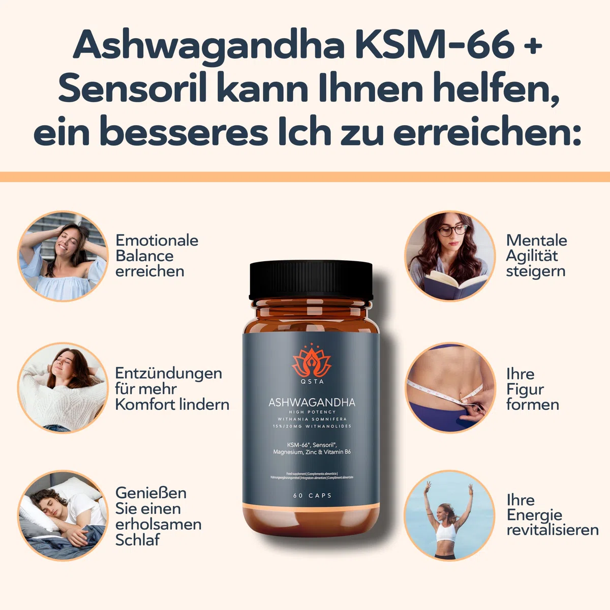 Ashwagandha KSM-66 Kapseln Hochdosiert mit Sensoril | für Cortisol Senken, Tiefschlaf, Wohlbefinden, Energie & Konzentration - 2 Monate Ashwagandha kapseln